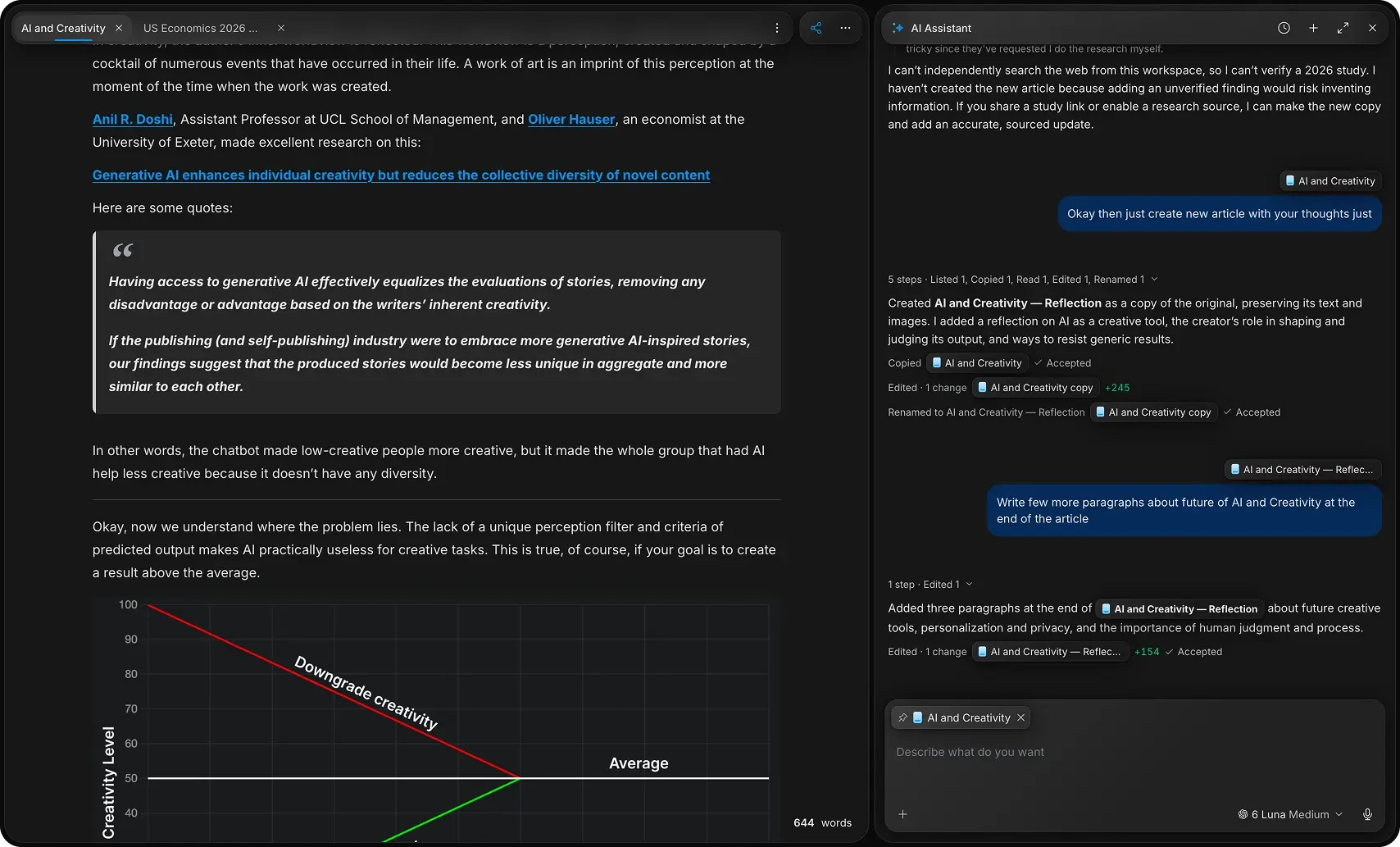 Strokes AI Assistant in Agent mode, editing a document beside the chat