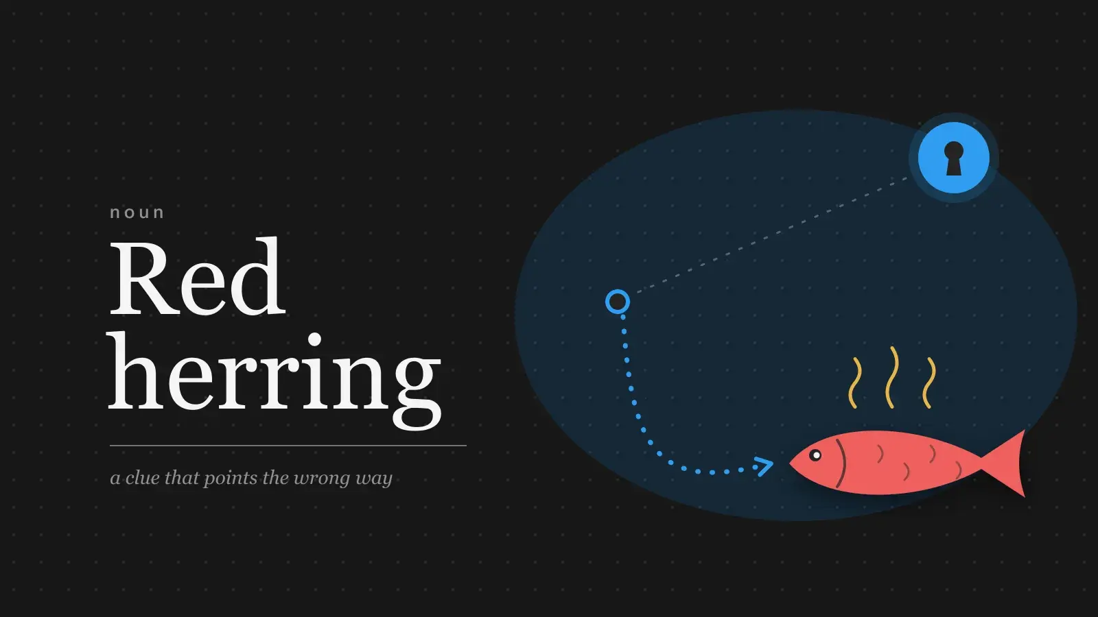 The words Red herring set large in serif type beside a dotted blue trail that veers off its line to a keyhole and ends at a red, strong-smelling fish.