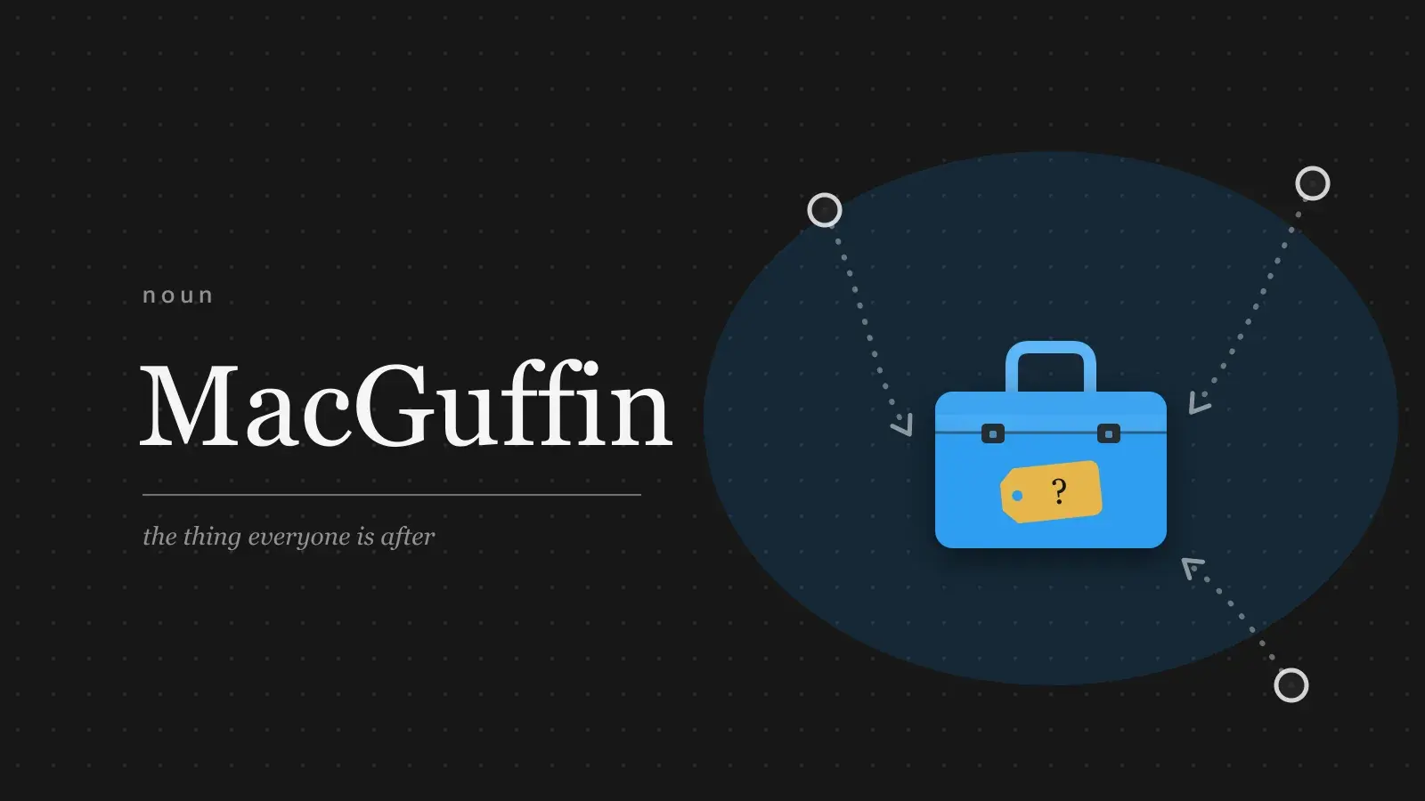 The word MacGuffin set large in serif type beside a closed blue briefcase with a gold label marked only with a question mark, and three dotted trails converging on it.