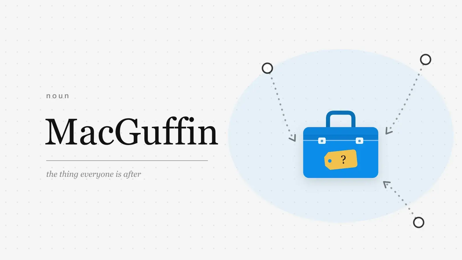 The word MacGuffin set large in serif type beside a closed blue briefcase with a gold label marked only with a question mark, and three dotted trails converging on it.
