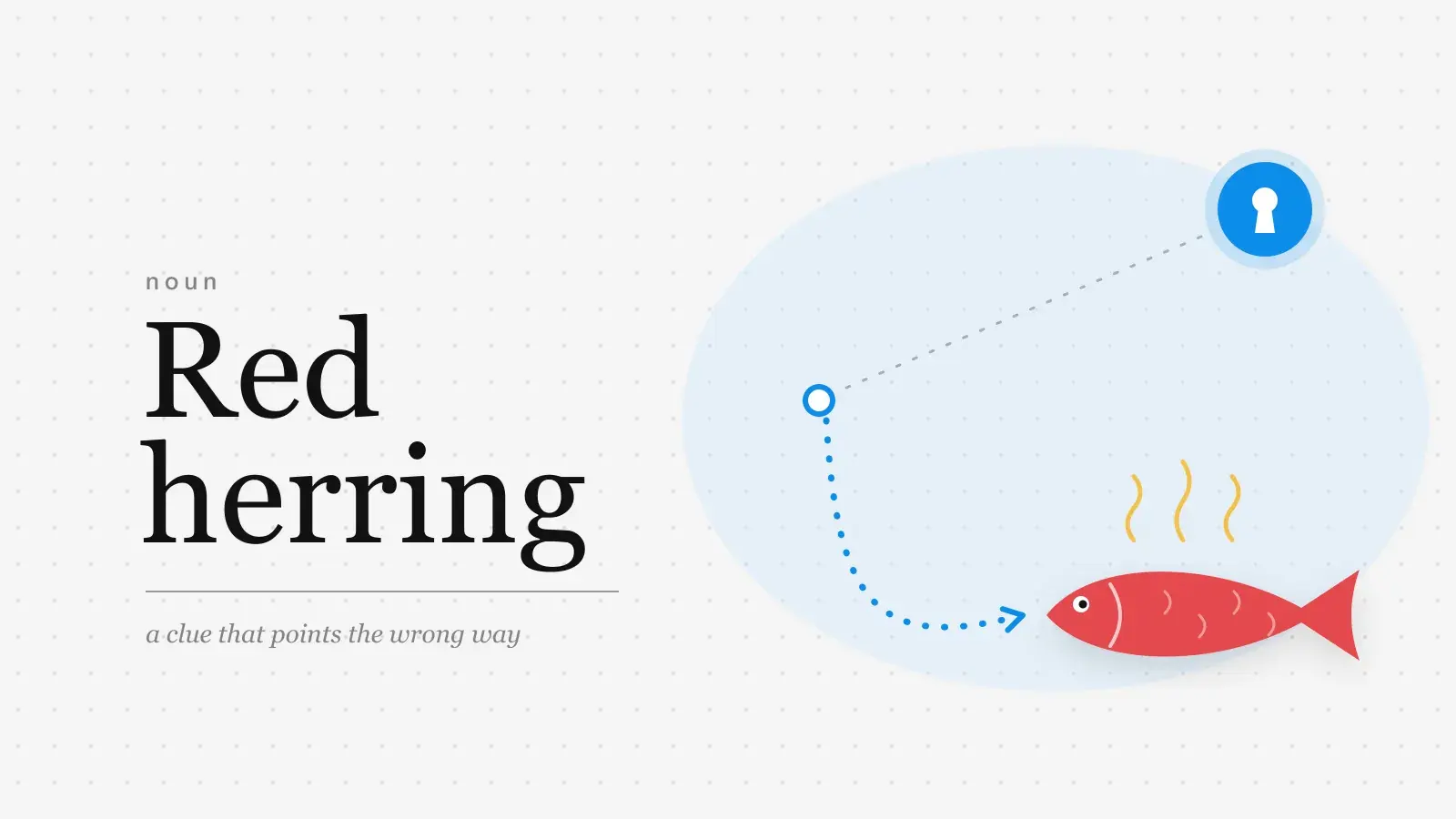 The words Red herring set large in serif type beside a dotted blue trail that veers off its line to a keyhole and ends at a red, strong-smelling fish.