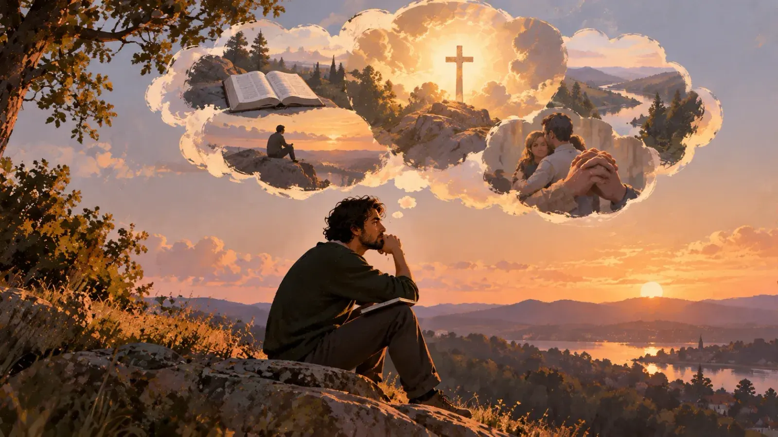 A man sits on a hilltop rock at sunset with a notebook on his knee and his chin in his hand, looking out over a lake, while a thought cloud above him holds an open Bible, a cross on a hill in the light, a river valley and two people embracing with clasped hands.