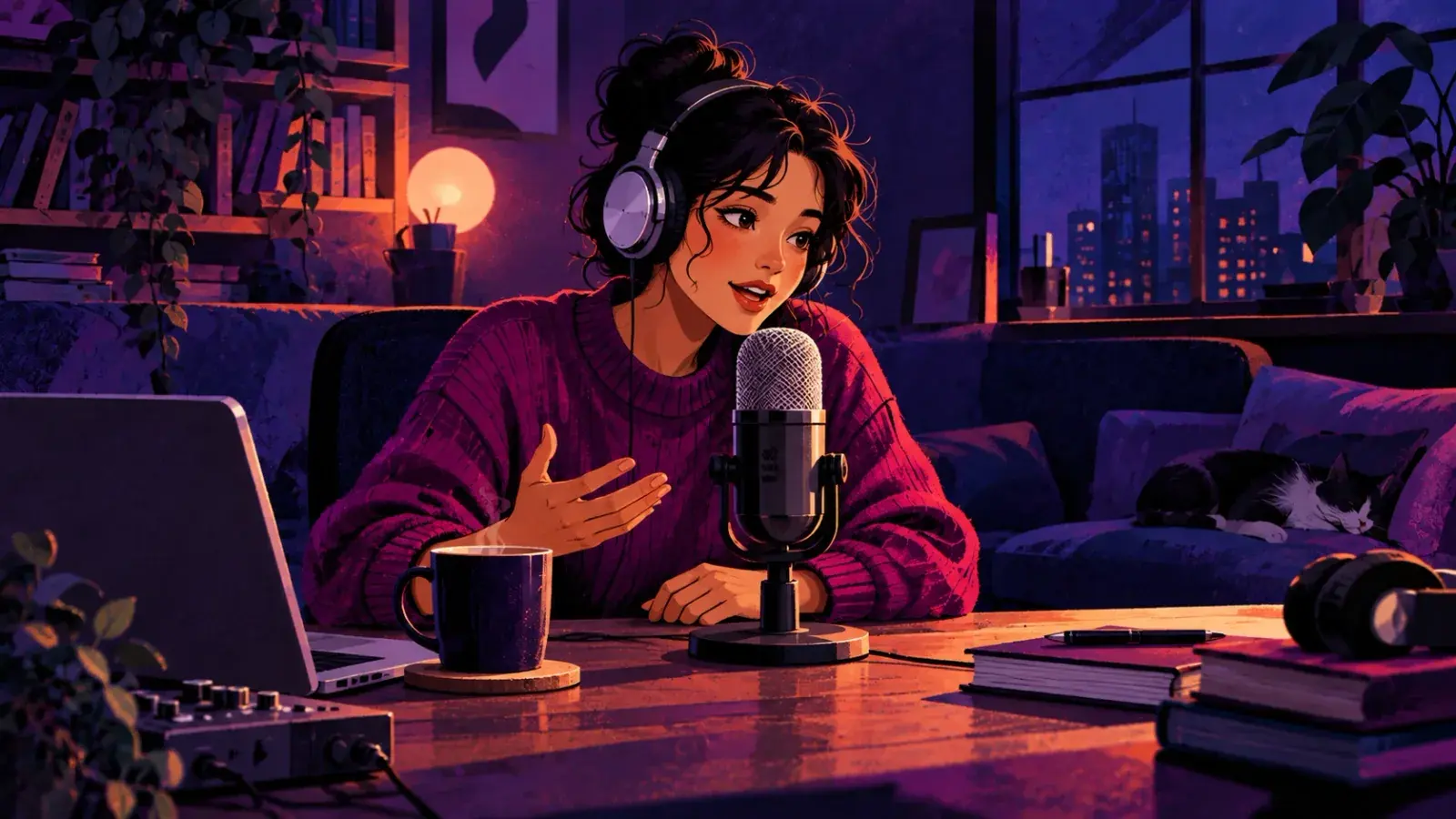A podcaster in a magenta jumper and headphones talks into a studio microphone in a purple-lit room at night, one hand mid-gesture, a laptop and mixer at her elbow, a mug, a notebook and a cat asleep on the sofa, city lights in the window.
