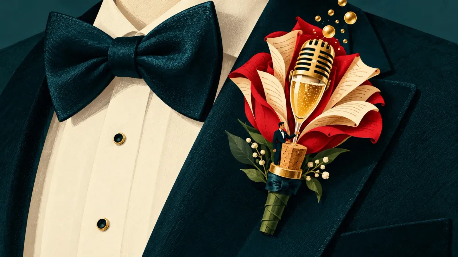 A close-up of a tuxedo lapel and bow tie, the boutonnière a red rose whose petals are speech pages, with a champagne flute topped by a gold microphone at its centre and a tiny best man raising a glass beside the cork at its base.
