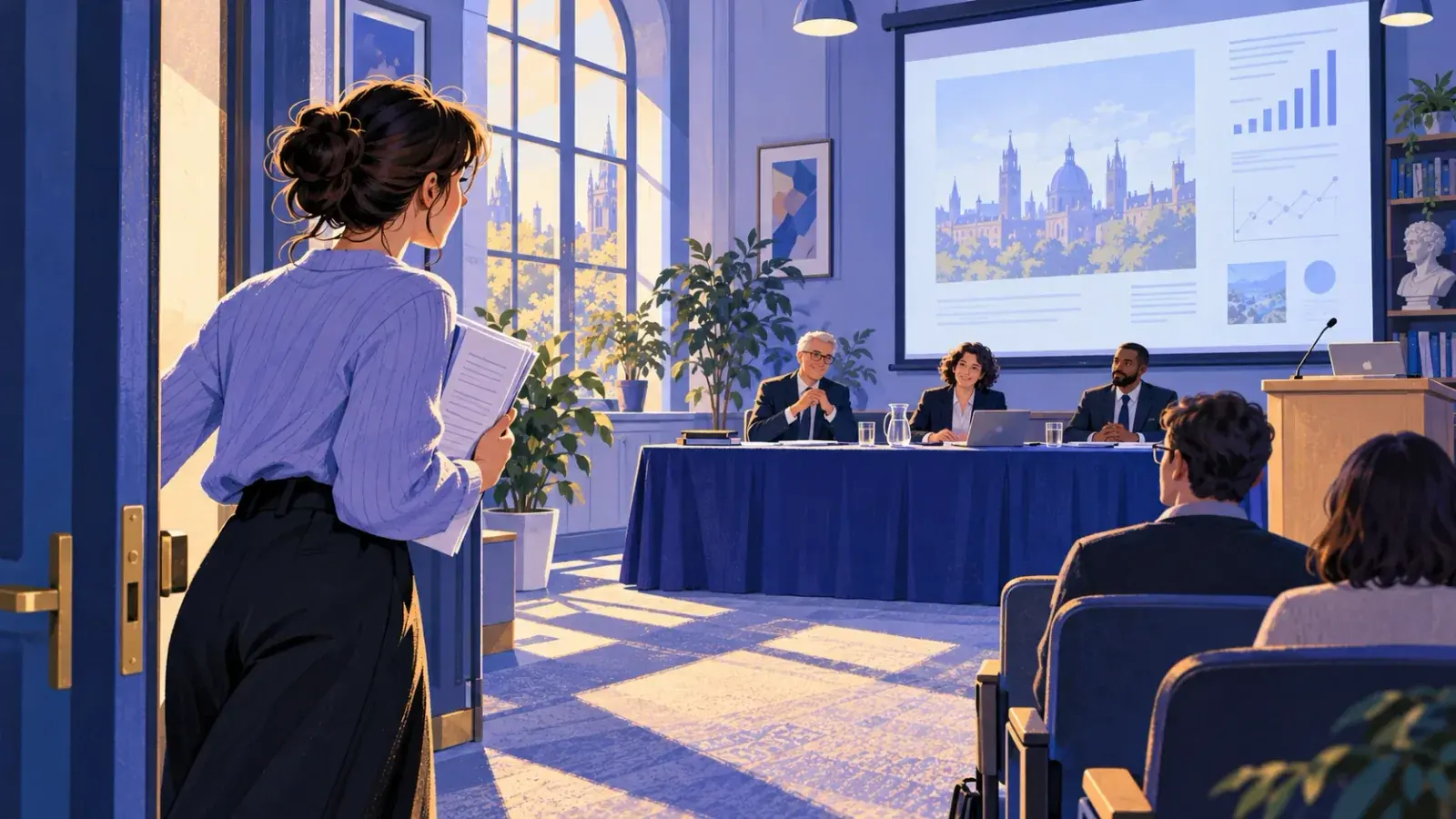 A candidate pauses in the doorway of a blue-lit seminar room with her bound dissertation under one arm, a panel of three examiners waiting at a long table under a projected slide of charts, an audience seated in front of them.
