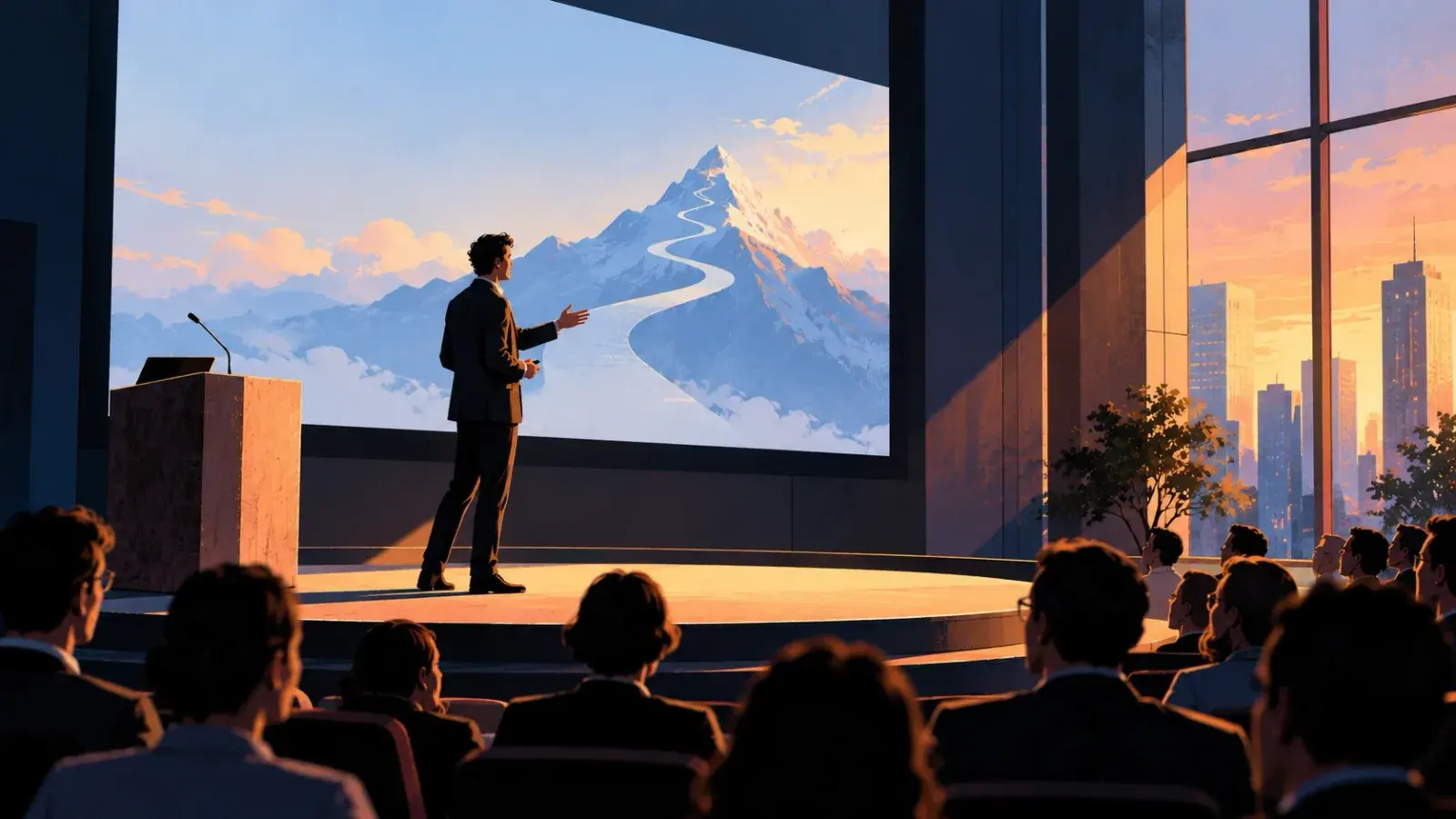 A speaker in a dark suit on a sunlit stage, one hand out toward a huge screen showing a single picture of a snowy peak with a road winding to its summit, while an audience in silhouette watches and city towers glow in the windows at sunset.