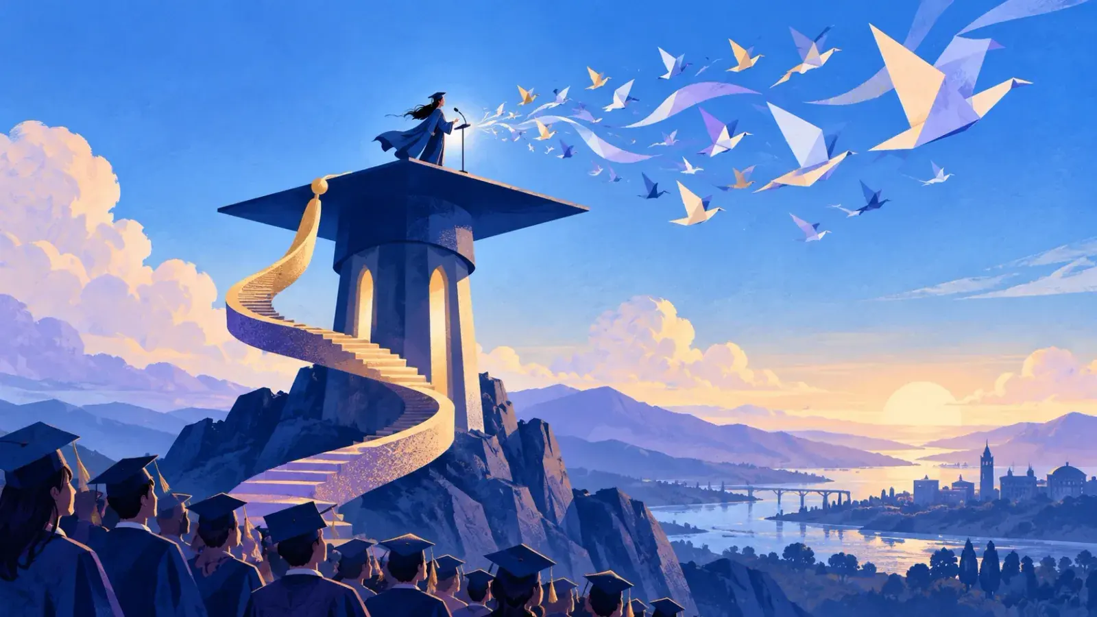 A valedictorian in cap and gown at a microphone on top of a tower shaped like a mortarboard, her words flying out over a sunrise valley as a flock of paper birds, while a staircase made of the tassel winds down to her classmates in caps below.