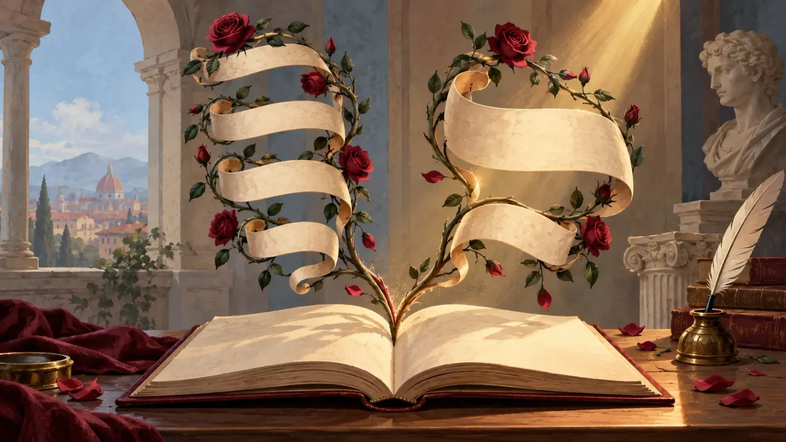 Two ribbons of parchment grow out of an open book on a marble desk, twined with red roses and thorns, one curling in short tiers on the left and one sweeping in long loops on the right, with a quill and inkwell, a classical bust and a domed city beyond the colonnade.
