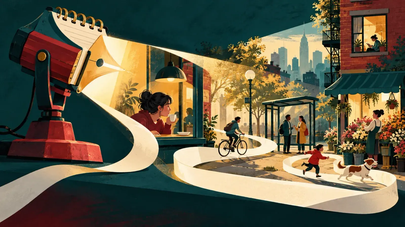 A red stage spotlight with a spiral notebook for its lamp and a pen nib for its lens throws a ribbon of light along a city street at dusk, picking out a woman with a coffee in a café window, a cyclist, a couple at a bus shelter, a child chasing a dog and a florist at her stall.