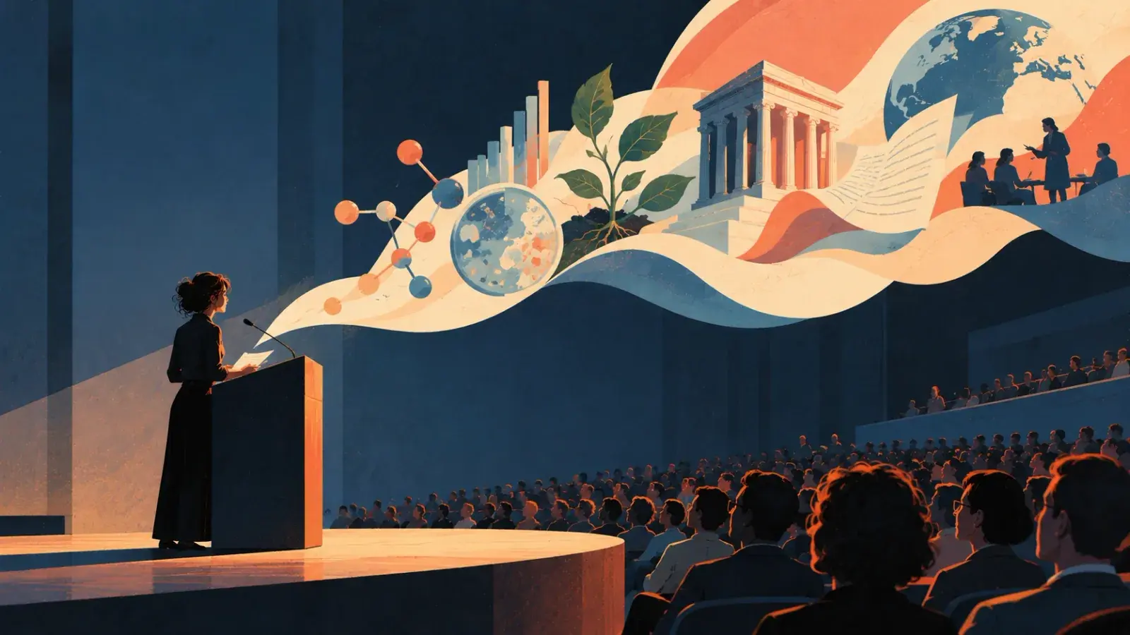 A speaker at a lectern in a dark auditorium, a page in her hand, while a ribbon of her talk unfurls over the audience carrying a molecule, a bar chart, a seedling, a temple and a globe.