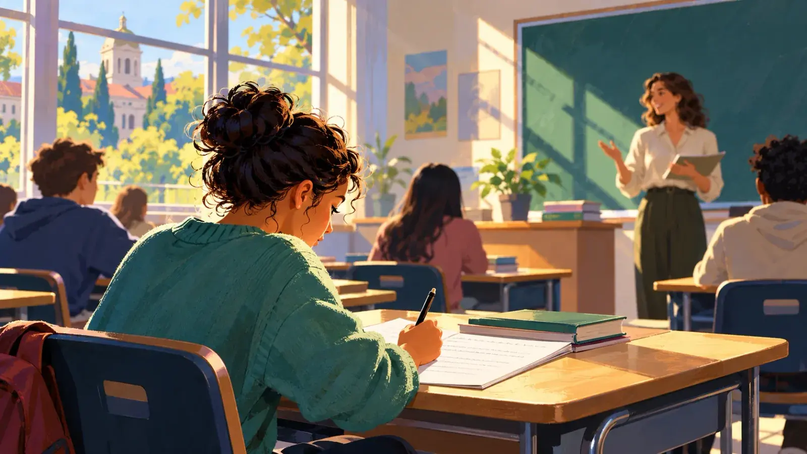 A student in a green jumper, seen from behind, head down writing an essay at a classroom desk while the teacher talks at the board and classmates listen, sun pouring through tall windows with a domed college building outside.