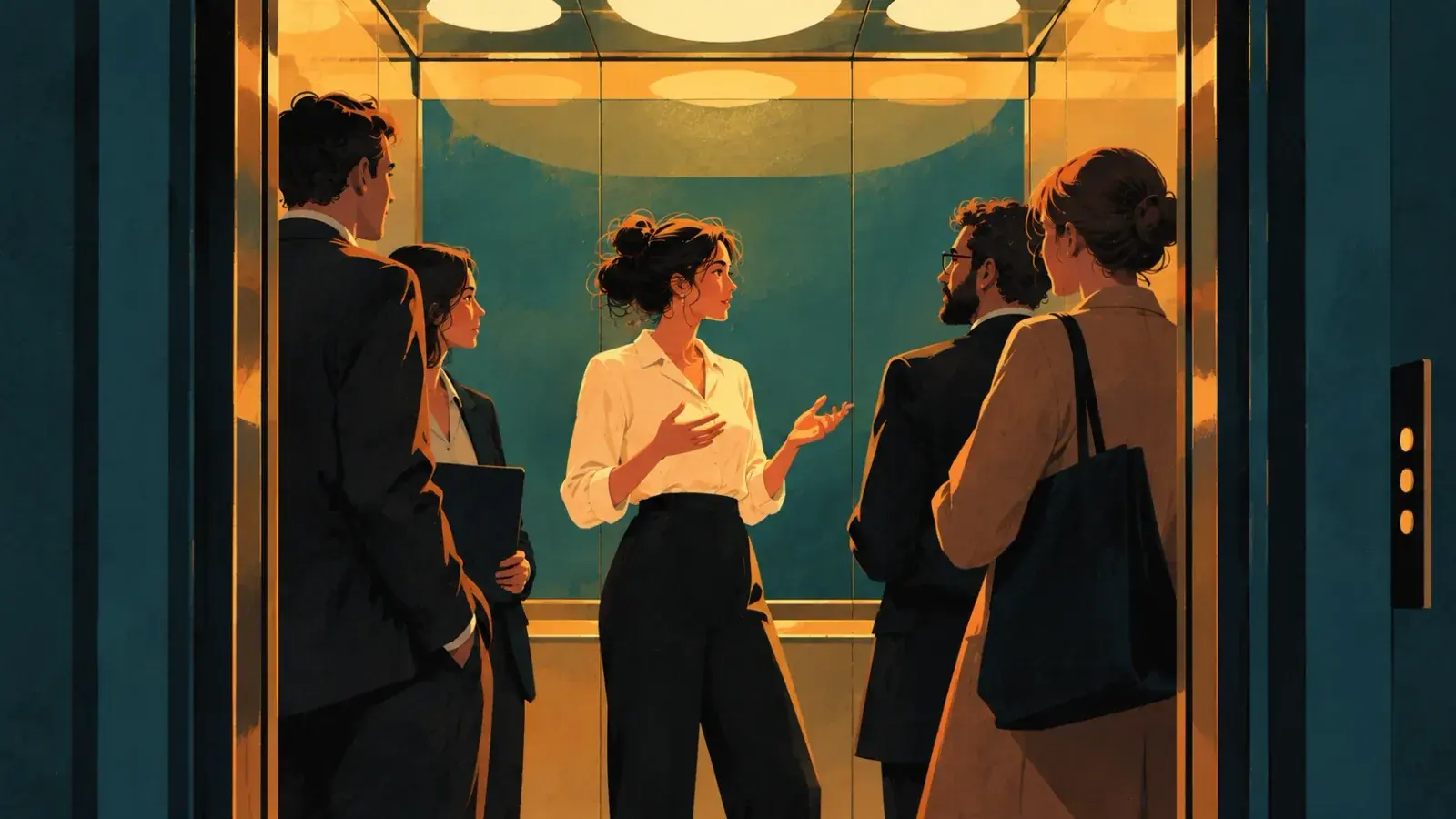 A woman in a white shirt making her case with both hands inside a warmly lit lift, four people in coats turned to listen, the doors open on a dark blue lobby.