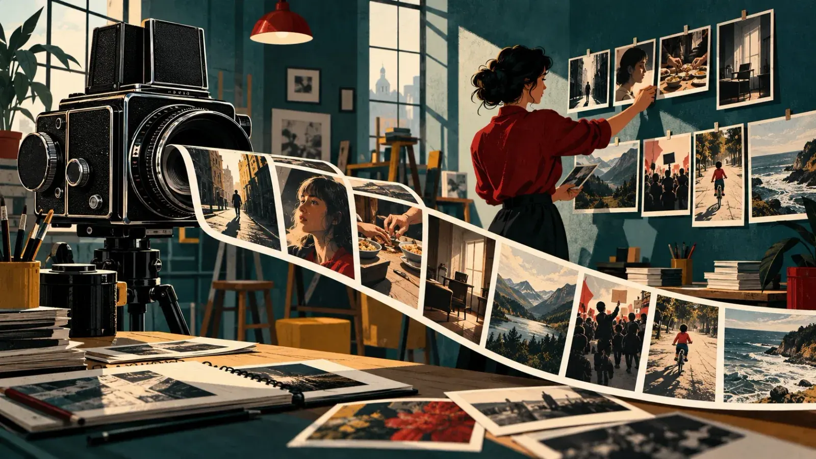 A photographer in a red shirt pins prints to a studio wall while a strip of film unspools from a large camera on a tripod, its frames showing a street, a face, hands at a meal, a sunlit room, a mountain lake, a protest crowd, a child on a bicycle and a rocky coast.