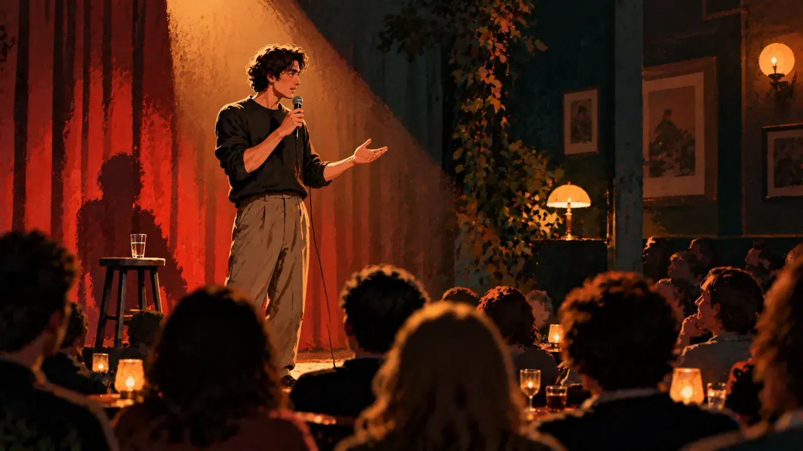 A young man in a black jumper stands in a warm spotlight on a small club stage, microphone in one hand and the other open mid-thought, a red curtain and a stool with a glass of water behind him and the backs of an audience at candlelit tables in front.