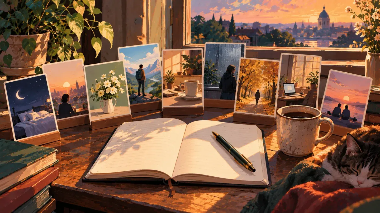 An open blank notebook with a pen on a sunlit desk at dusk, a row of picture cards standing behind it: a moonlit bedroom, a sunrise over a city, a jug of daisies, a hiker on a peak, rain on a window, an autumn avenue and two people on a shore at sunset, with a mug of coffee and a cat asleep on a blanket beside it.