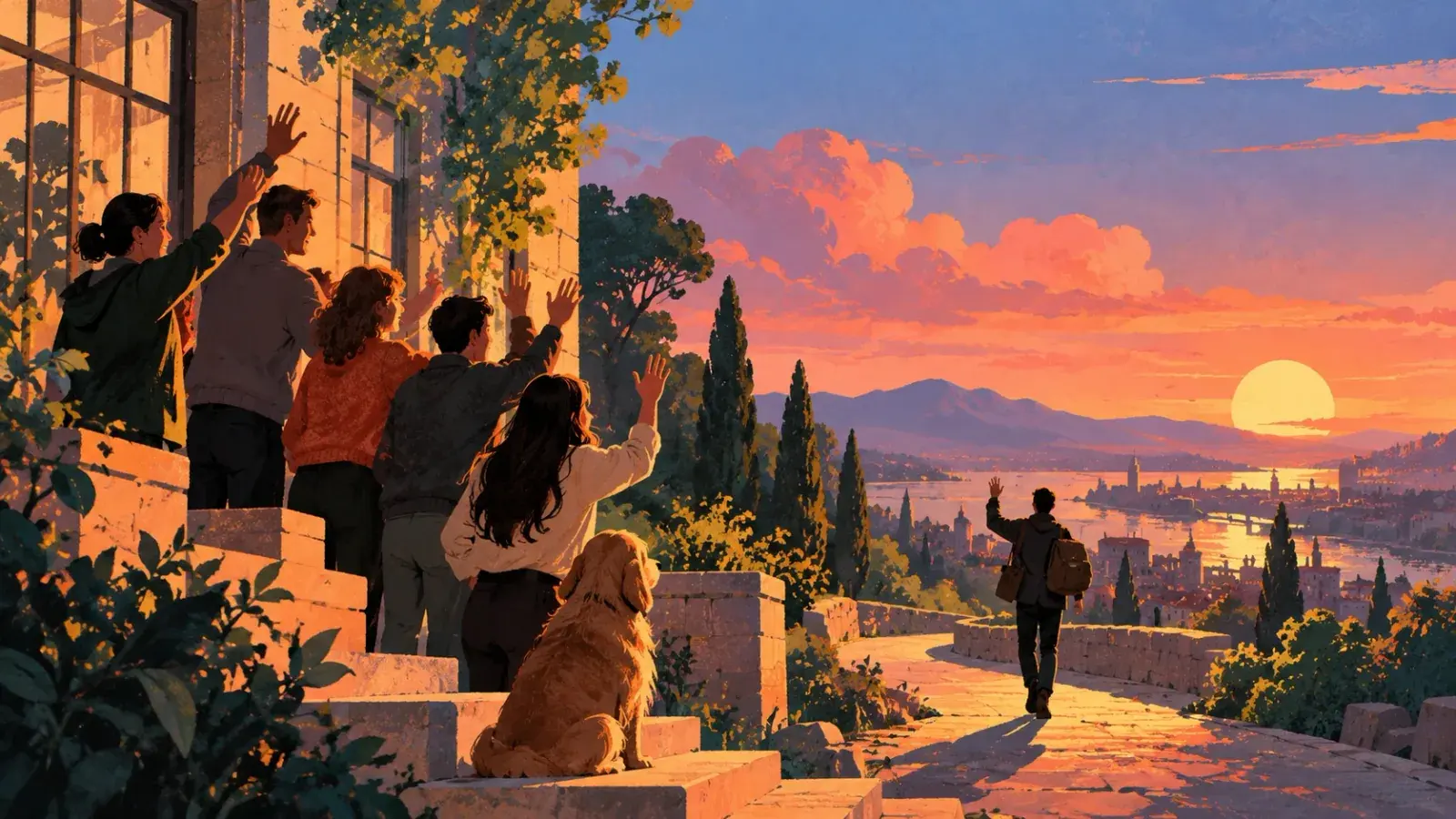 Five friends and a golden dog on the steps of a stone terrace, all waving, as one of them walks away down a path with a backpack and a raised hand, toward a bay and a city in the sunset.