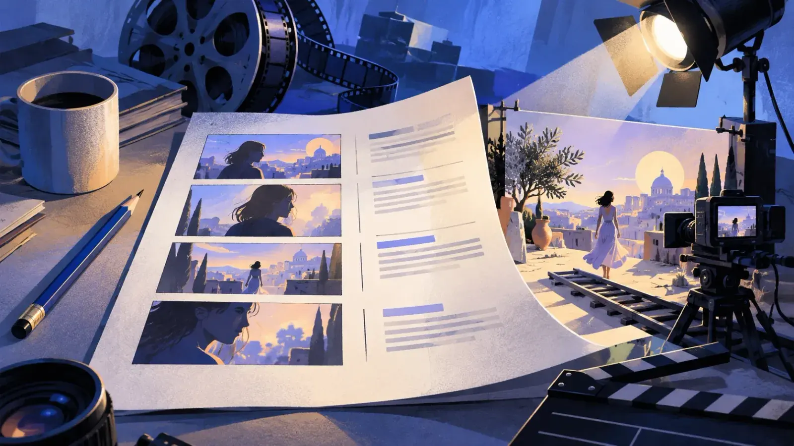 A two-column video script on a blue-lit desk, four storyboard frames of a woman in a white dress walking through a domed hill town down the left and lines of script beside each, with the finished shot on a monitor behind, a camera on a track, a clapperboard and a film reel around it.