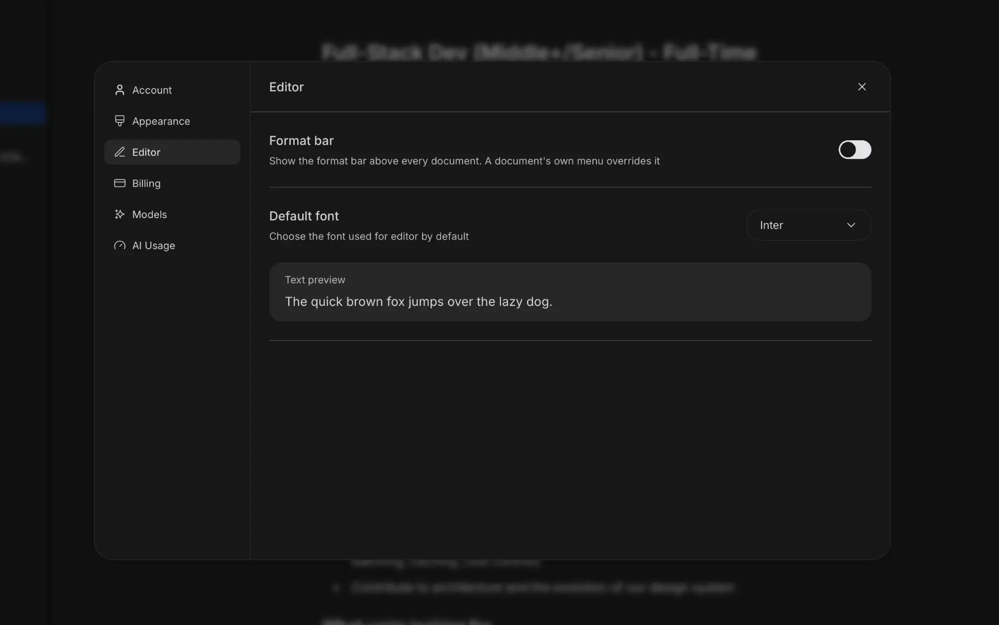 Strokes Editor settings with the Format bar and Default font options