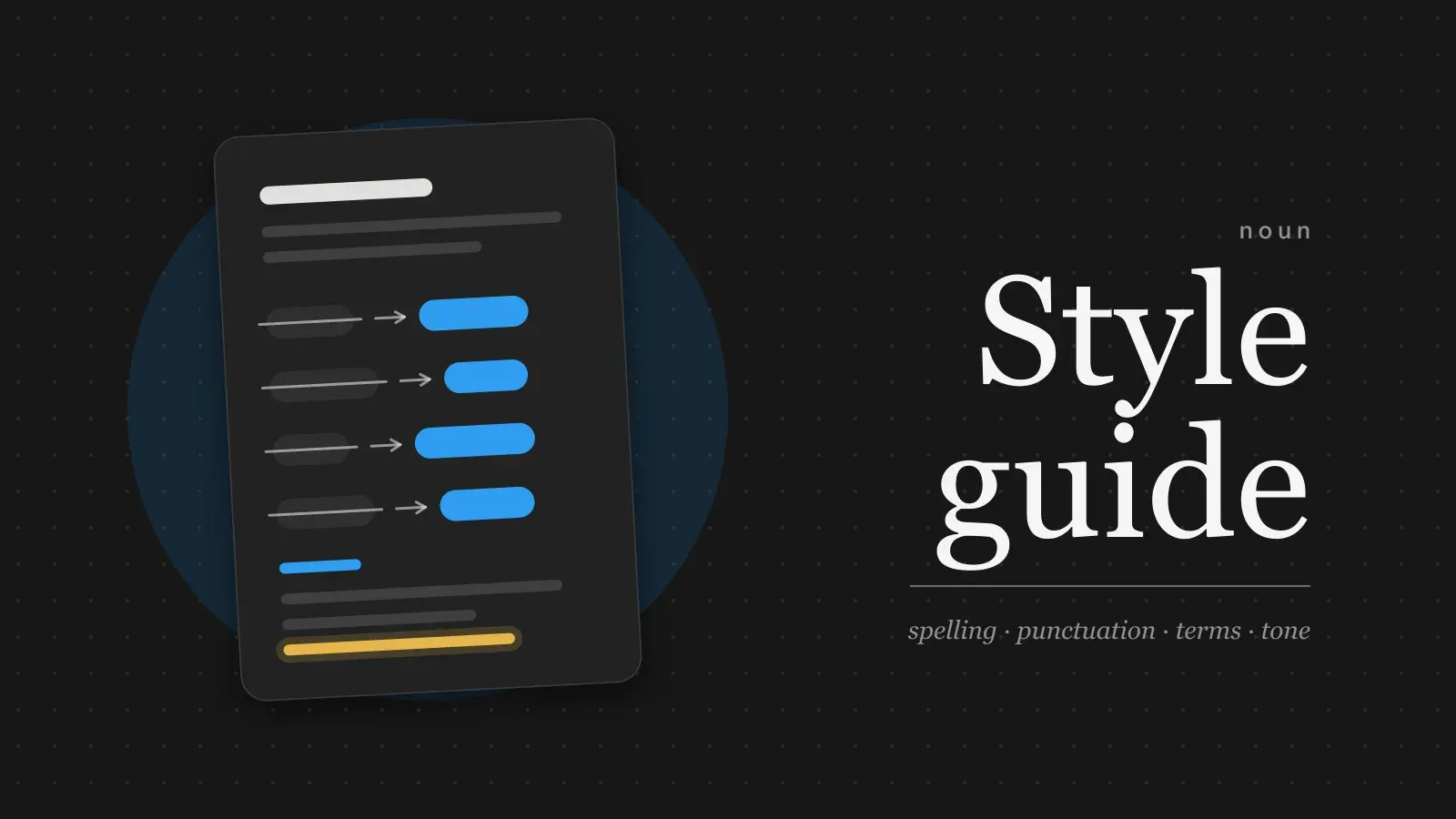 The words Style guide set large in serif type beside a tilted sheet of rules, each row crossing out one word and pointing to the preferred one.