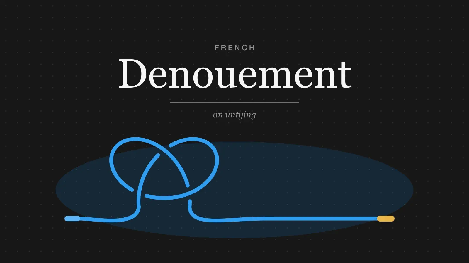 The word Denouement in large serif type, glossed as an untying, above a blue lace tied in one loose knot. To the right of the knot the lace runs long and straight to a yellow tip.