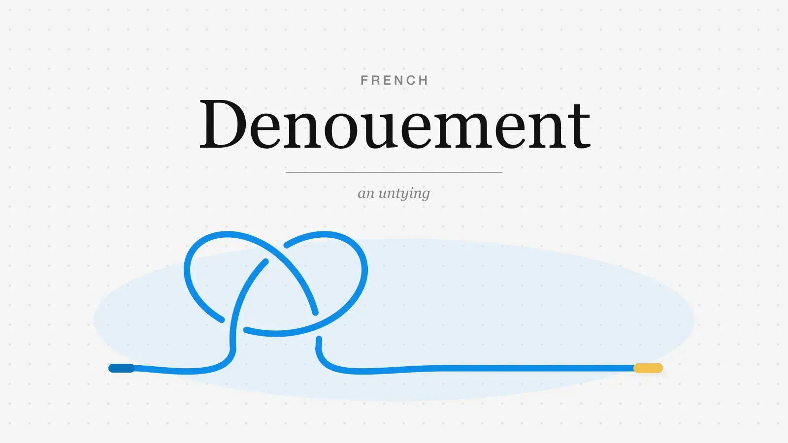 The word Denouement in large serif type, glossed as an untying, above a blue lace tied in one loose knot. To the right of the knot the lace runs long and straight to a yellow tip.