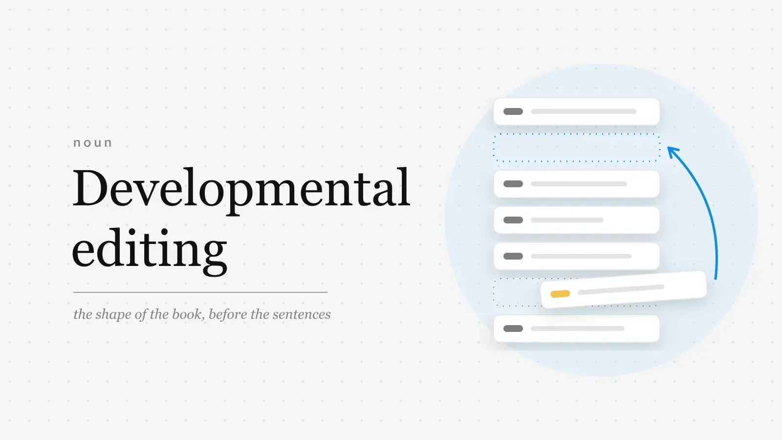 The words Developmental editing set large in serif type beside a column of chapter strips, one strip pulled out from near the end and carried by a blue arrow up into an empty slot near the top.