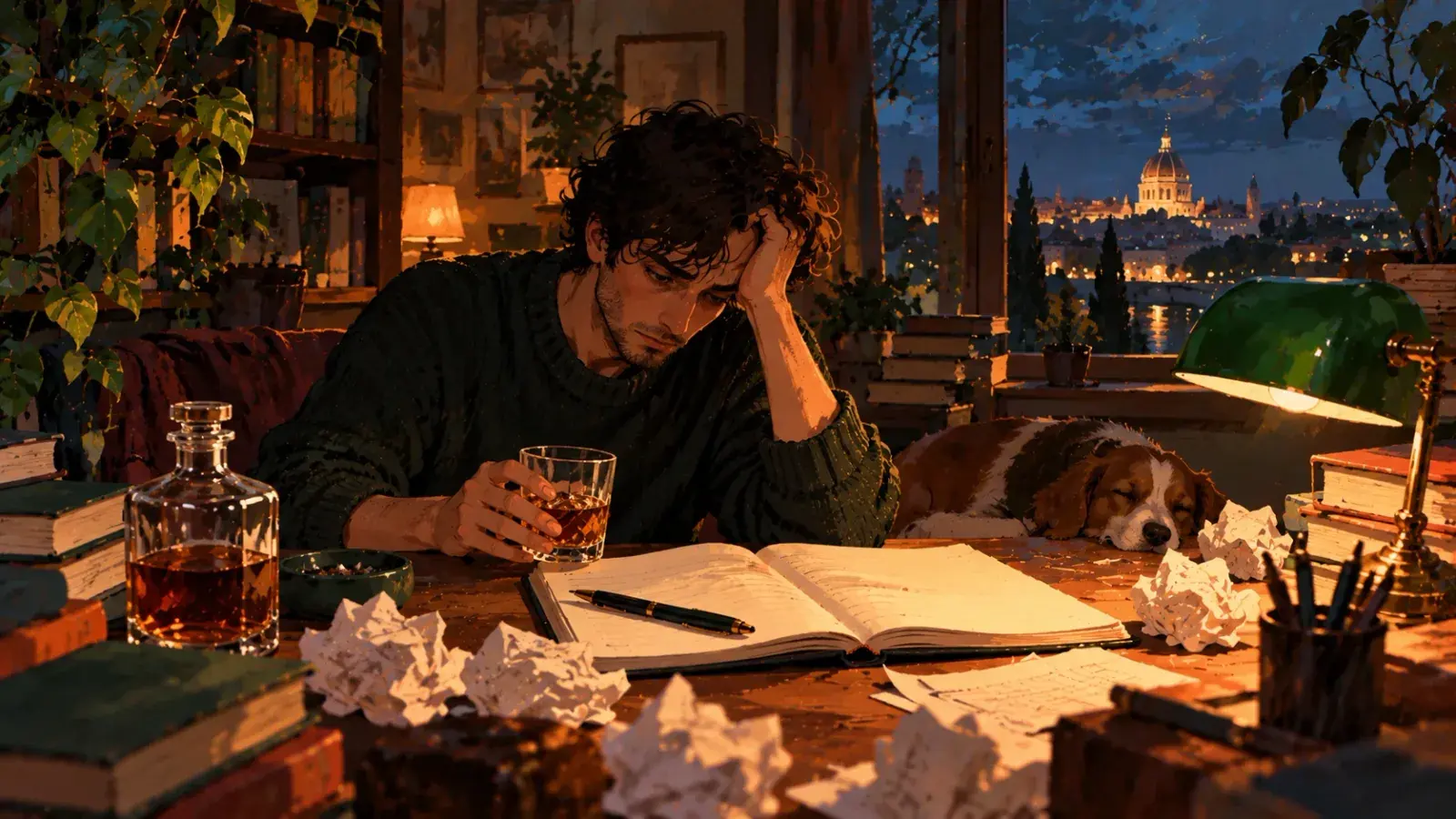 A man in a dark green jumper at a lamplit desk at night, head in one hand and a glass in the other, an open notebook and pen in front of him among crumpled drafts, a decanter, a dog asleep at his elbow and a domed city lit up in the window.