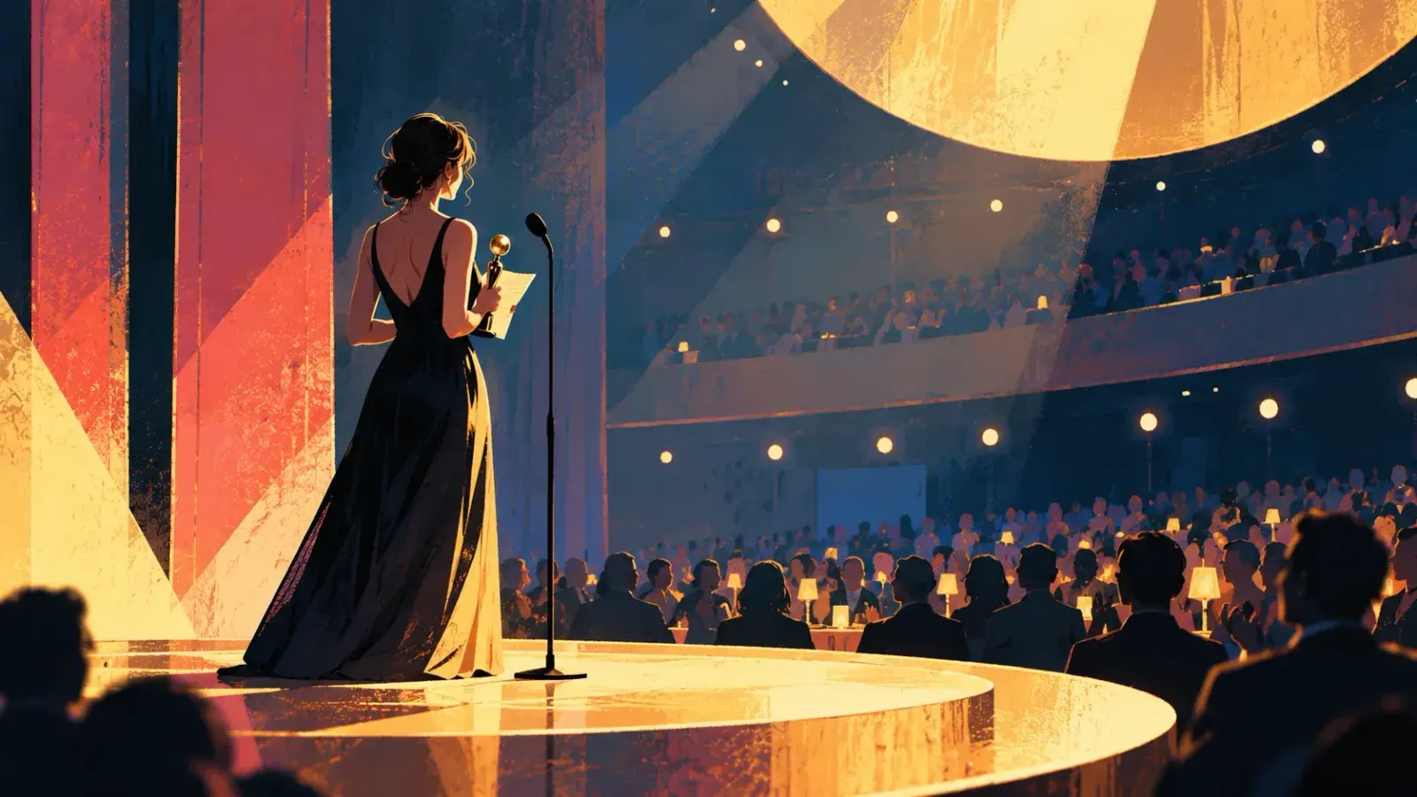 A woman in a long dark gown at a microphone on a lit stage, seen from behind, holding a small gold trophy and a single card, with a ballroom of tables and tiers in front of her.