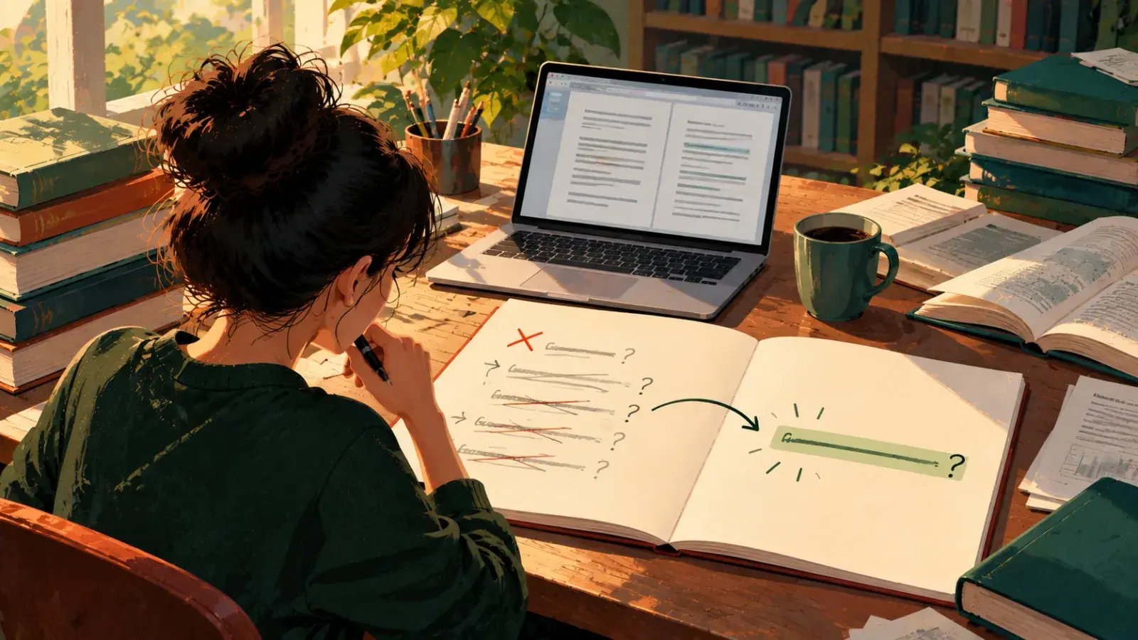 A student in a green jumper, pen to her lip, at a desk with a laptop, stacked books and a mug of coffee, her open notebook showing a column of crossed-out draft questions on the left page and an arrow to one highlighted question on the right.
