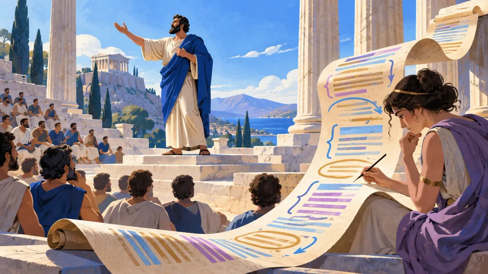 An orator in a blue cloak, one arm raised, addresses a crowd seated on marble steps before a Greek temple and the sea, while in the foreground a woman in a purple robe works through a long scroll of his speech with a pen, marking it with brackets, arrows and circled passages.