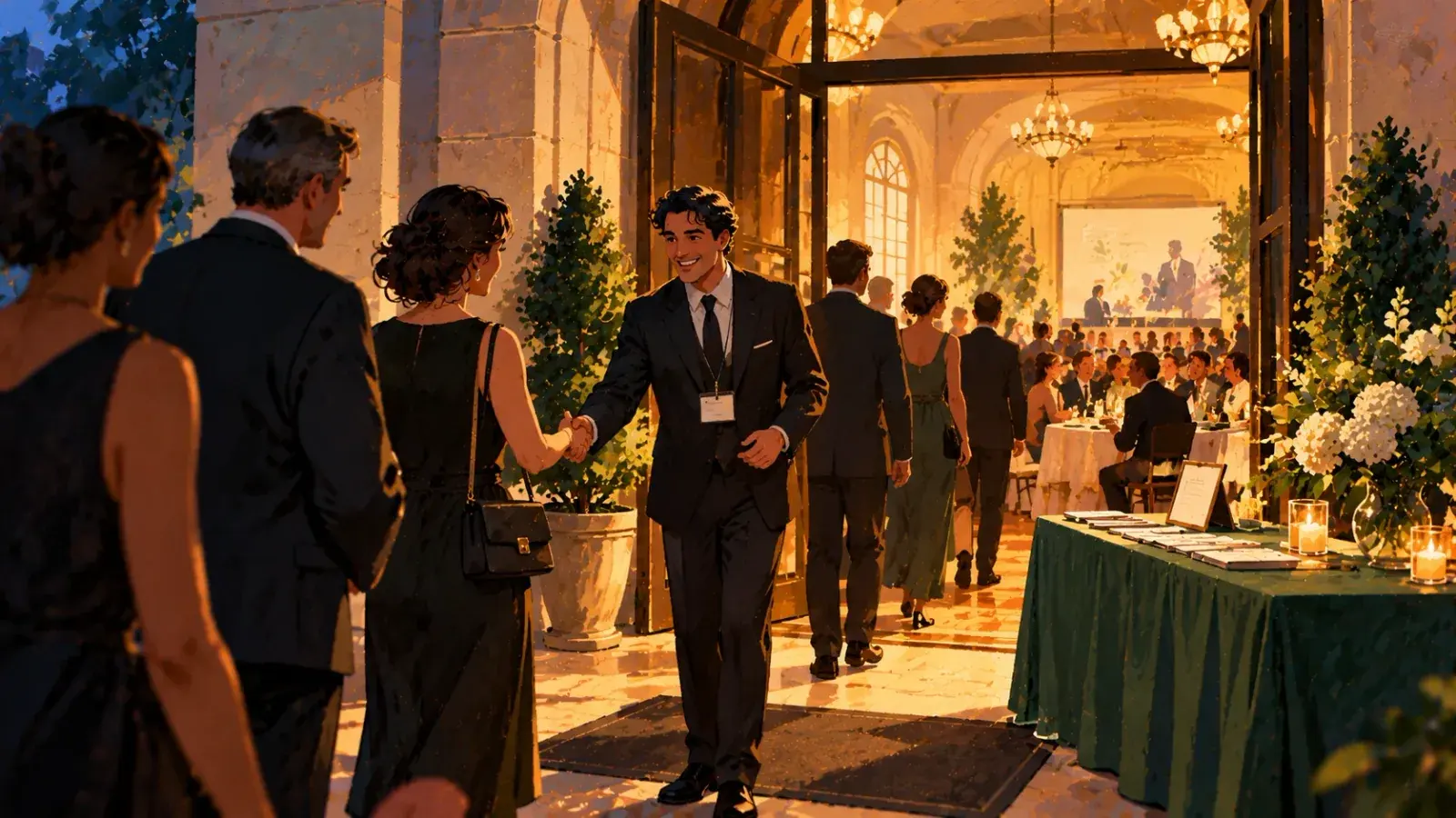 A host in a dark suit and lanyard steps out of the lit doorway of a ballroom to shake hands with arriving guests in evening dress, chandeliers and a seated crowd behind him and a candlelit sign-in table with name cards to one side.
