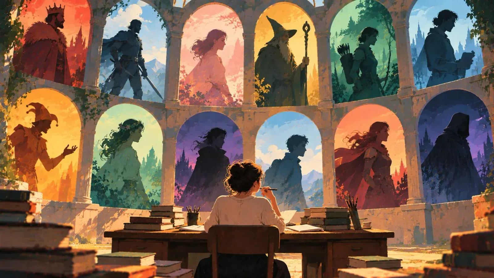 A writer at a desk, pen in hand, facing a curved gallery of twelve stone arches, each holding a coloured silhouette: a king, a swordsman, a wizard, an archer, a jester, a hooded stranger and more.