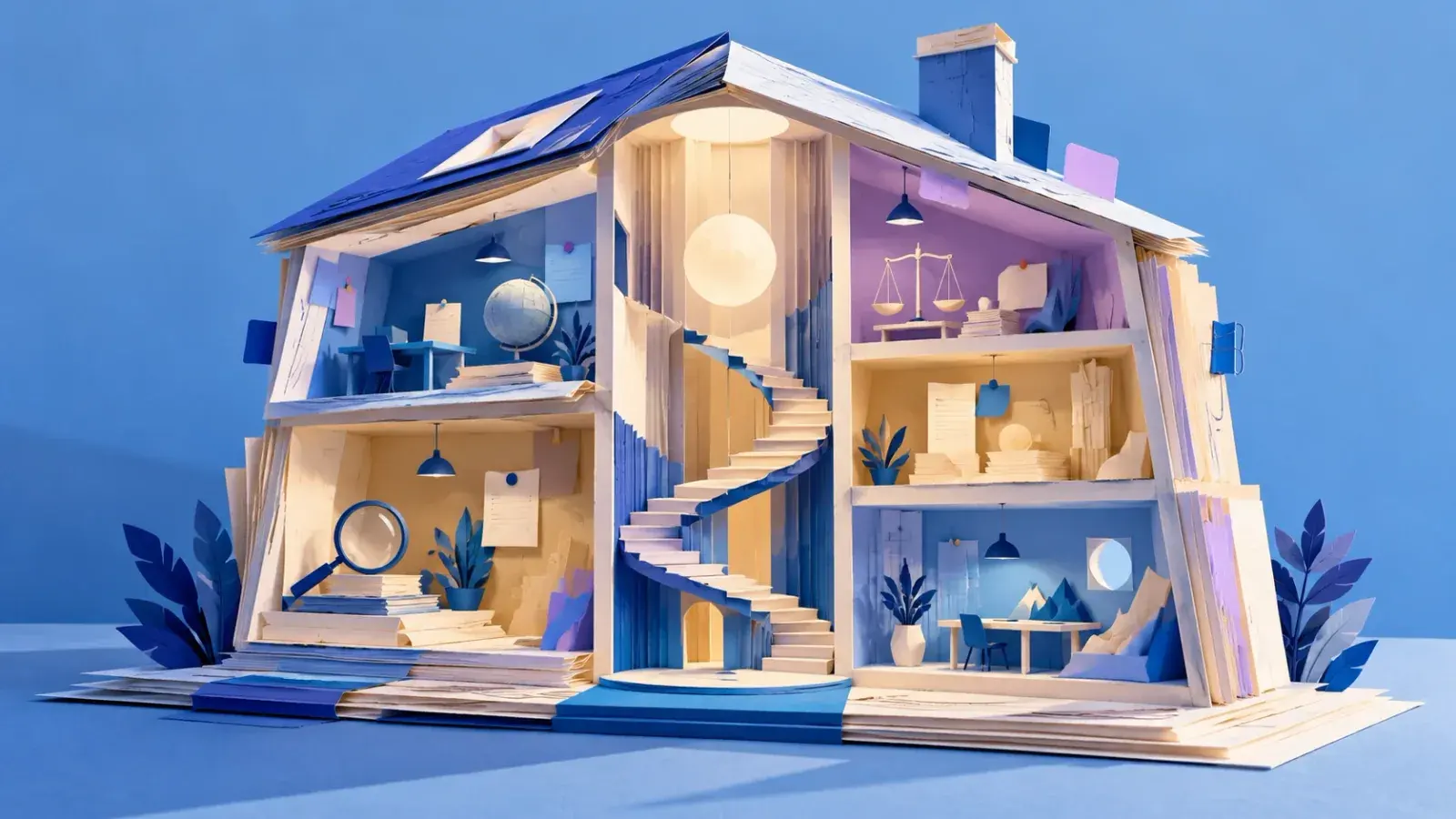 A paper cut-out house in blues and cream, open at the front to show five rooms built from stacked pages, each holding one object: a magnifying glass, a globe on a desk, a set of scales, a stack of sheets, a table with paper mountains, with a spiral stair through the middle.