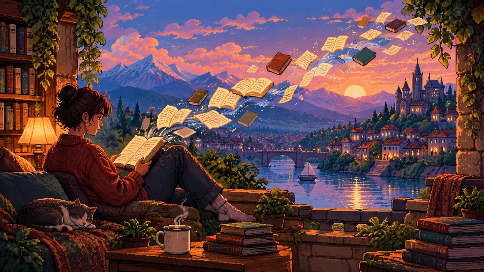 A reader curled up on a terrace at dusk with an open book, its pages streaming out over a river town toward the setting sun.