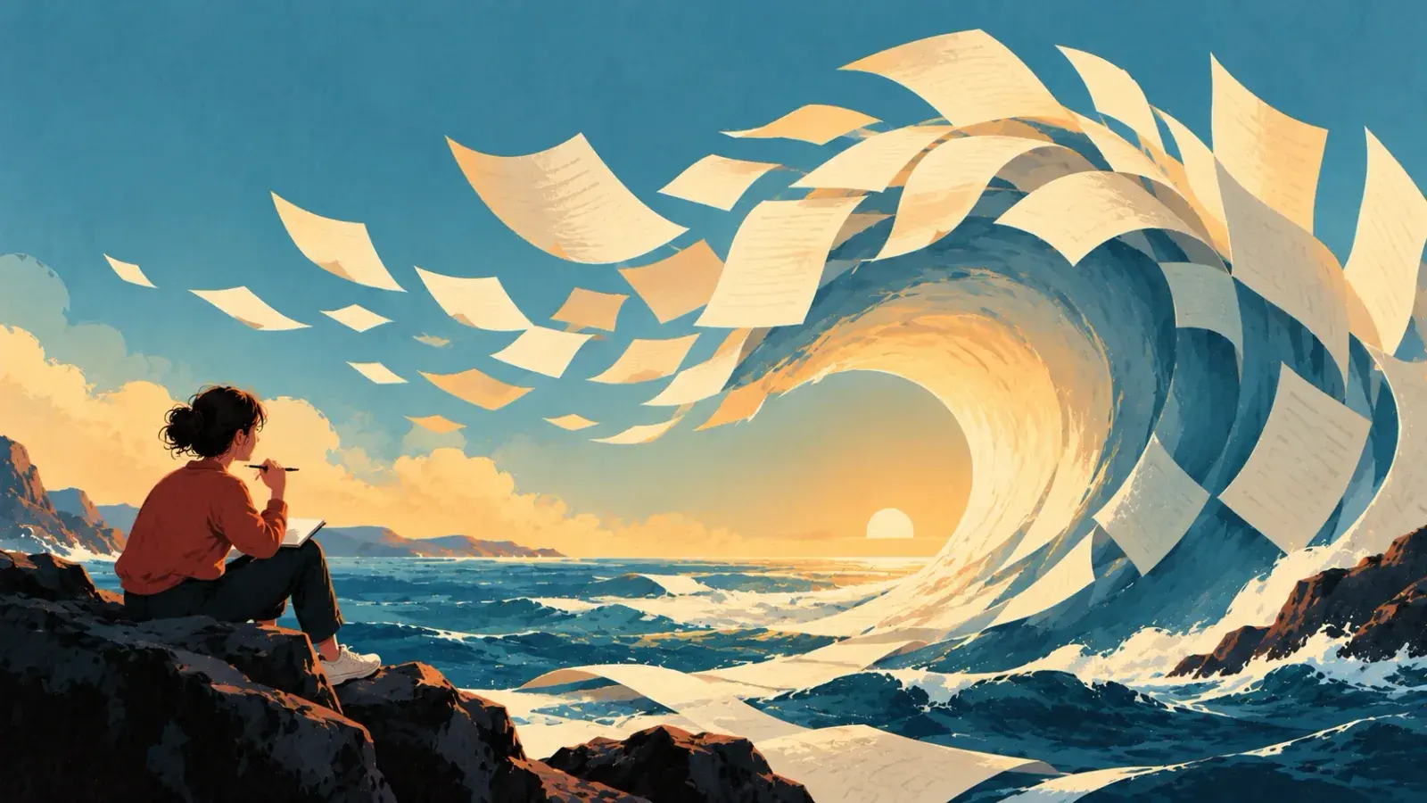 A writer in a red jumper sits on a rock with a notebook, pen raised, watching a huge wave made of flying pages of text curl toward her, the sun low behind it.