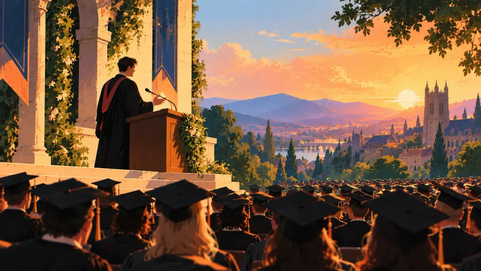 A speaker in a black gown with a red hood at a lectern on a stone stage at sunset, one hand out, facing a field of mortarboards that stretches toward a river town and hills.