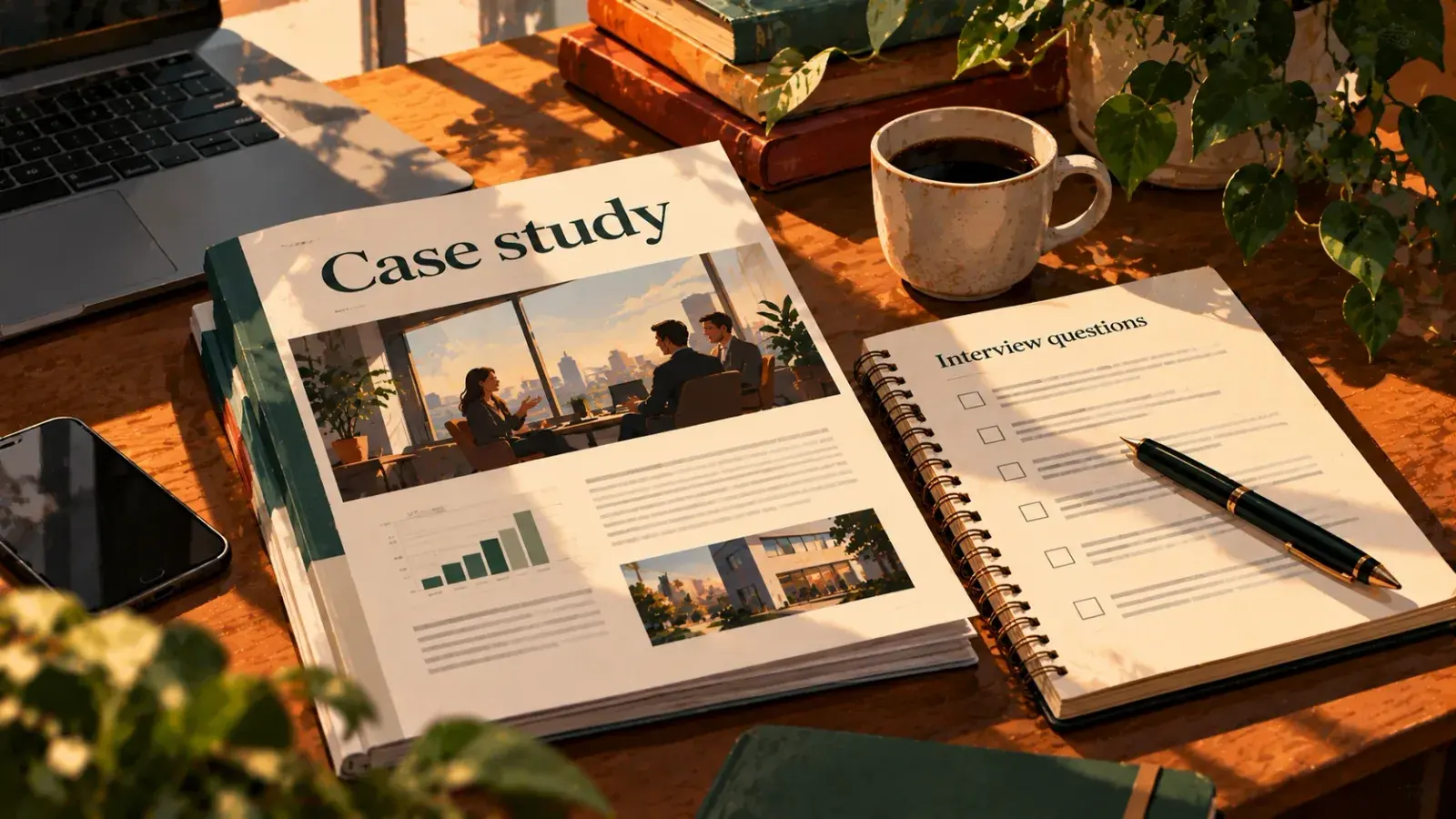A printed case study on a sunlit desk, its cover photo of a customer meeting above a rising bar chart and a picture of an office building, beside a spiral notebook headed Interview questions with a checklist and a fountain pen across it.