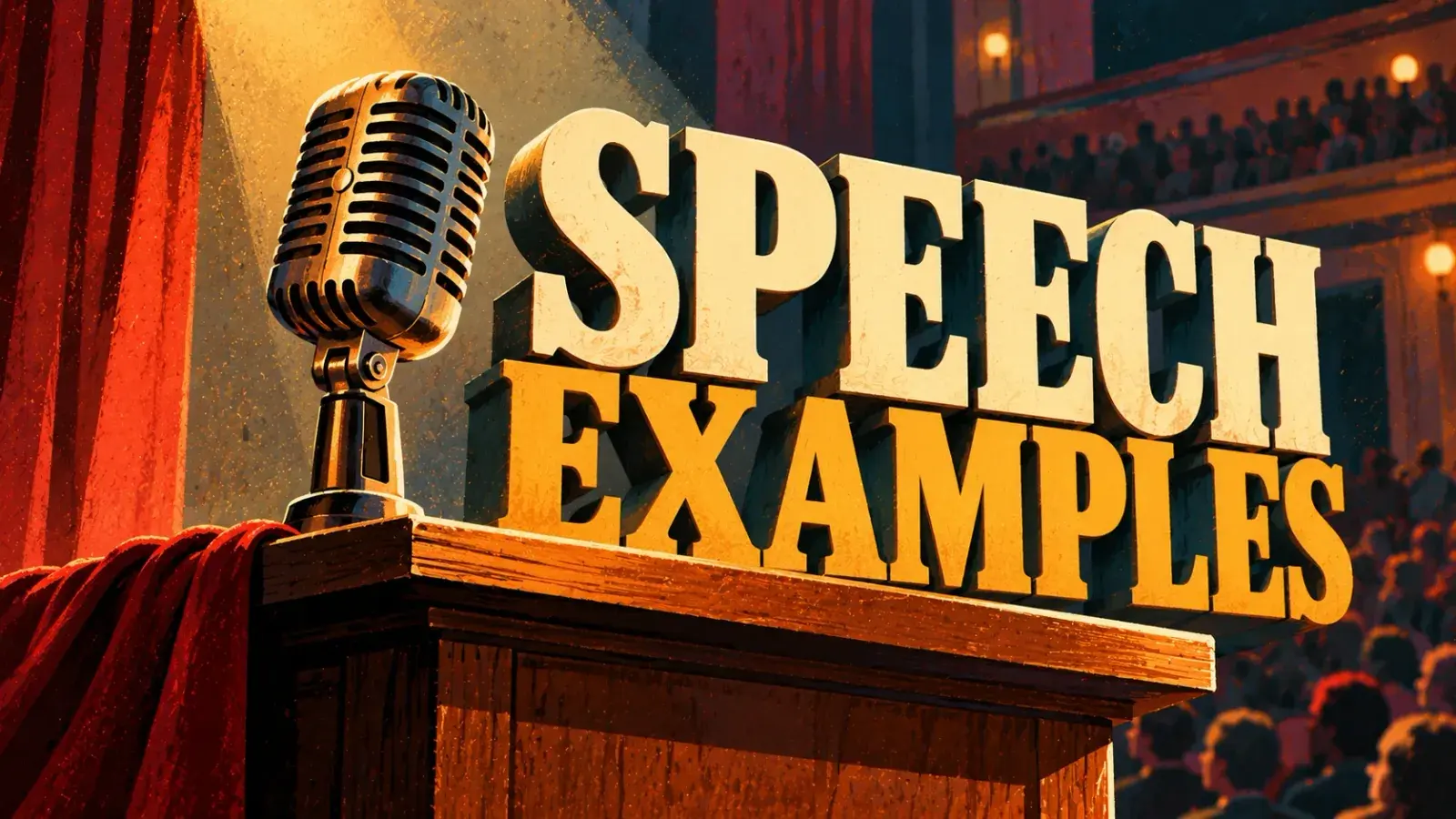 A vintage chrome microphone on a wooden lectern draped with a red cloth, giant letters reading Speech Examples standing beside it in a spotlight, with a red curtain to one side and a theatre audience filling the stalls and balconies behind.