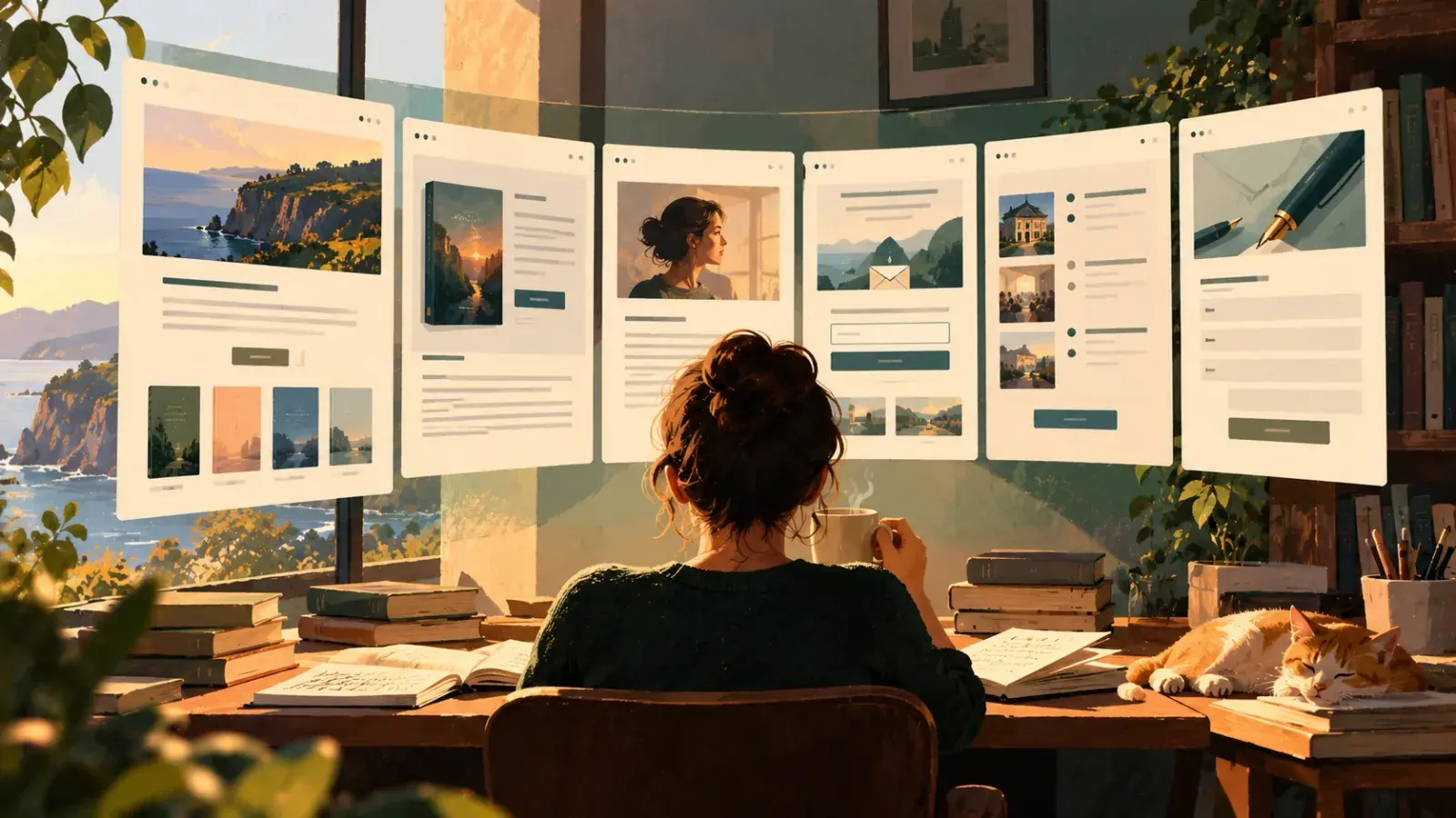 A writer in a green jumper, seen from behind with a mug of coffee, sits at her desk looking up at a curved row of six web pages floating before the window: a home page with three book covers, a book page, an about page with her portrait, a newsletter signup, an events page and a contact page, with a cat asleep on the desk.