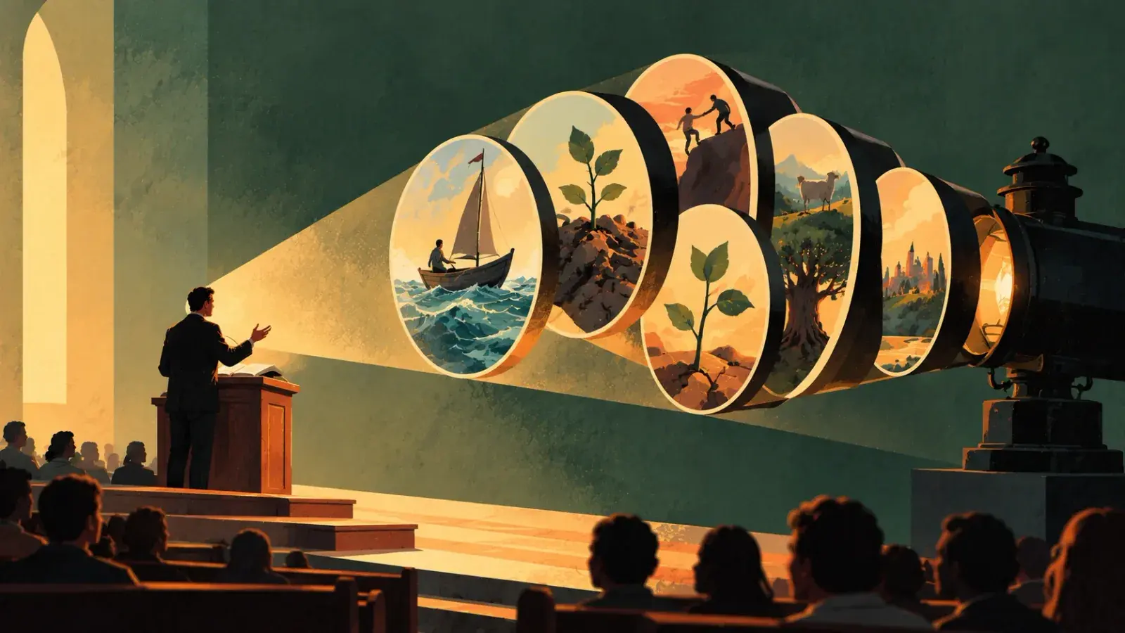 A preacher at a pulpit before a seated congregation, one hand raised toward a beam from an old projector that carries a row of round pictures across the wall: a boat on rough water, a seedling, a hand pulling someone up a rock, a sheep, a great tree and a city on a hill.