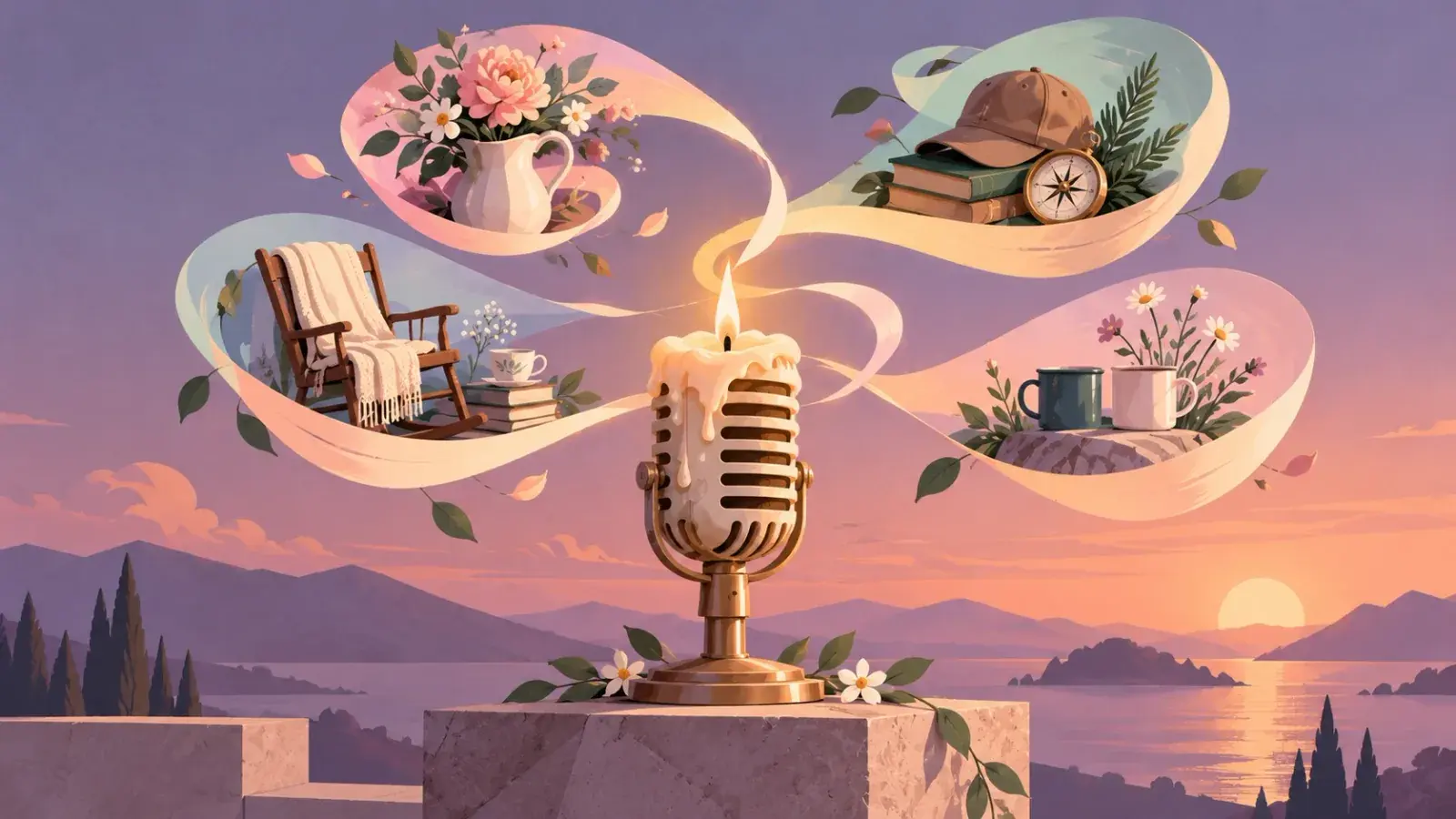 An old microphone on a stone plinth at sunset, its head a candle burning down, with ribbons of smoke carrying four small scenes: a jug of pink flowers, a rocking chair with a crochet blanket, a worn cap on books with a compass, and two enamel mugs among daisies.