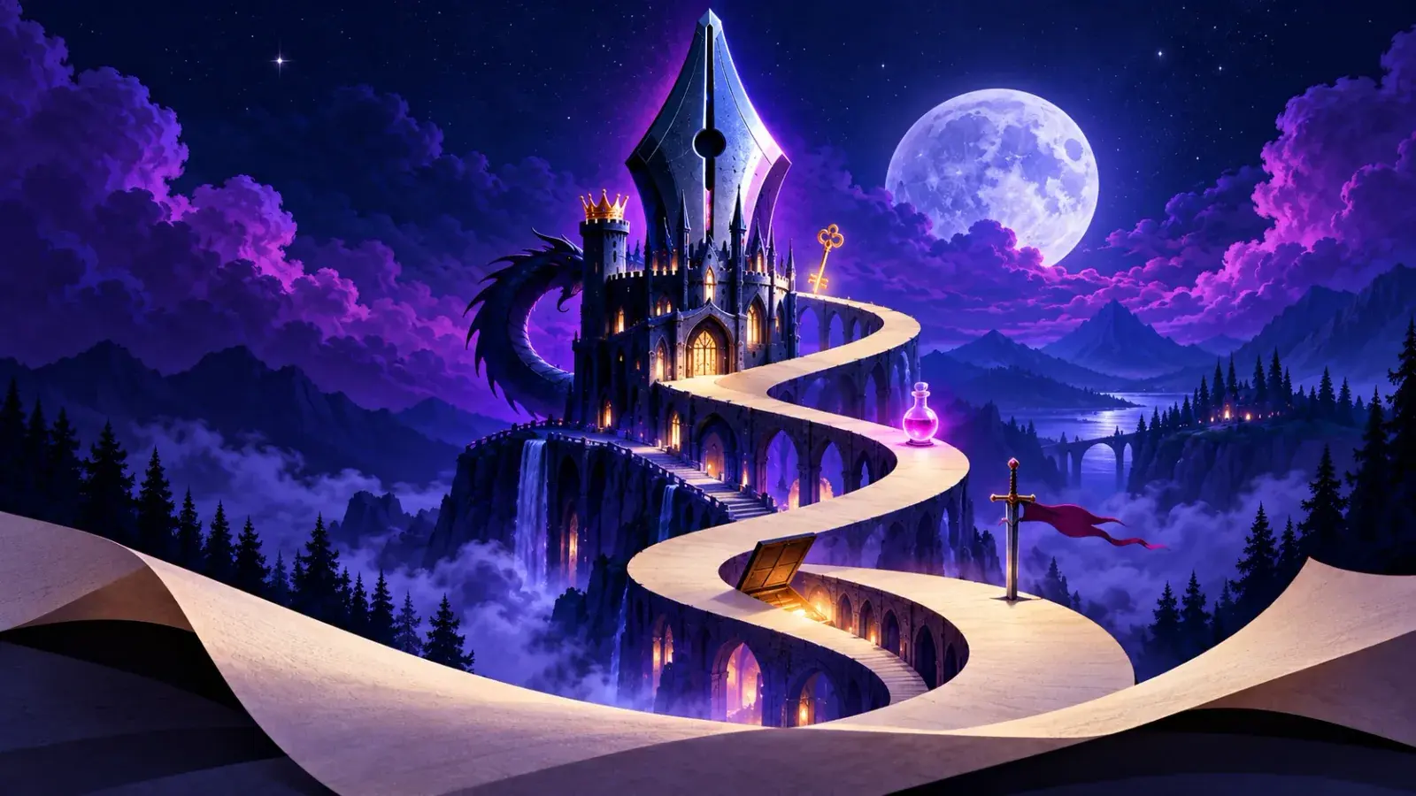 A winding road of unrolled parchment climbs through a moonlit purple night past a sword, an open treasure chest and a glowing potion, up to a castle with a crown on its tower, a dragon coiled around it and a giant pen nib as its spire.