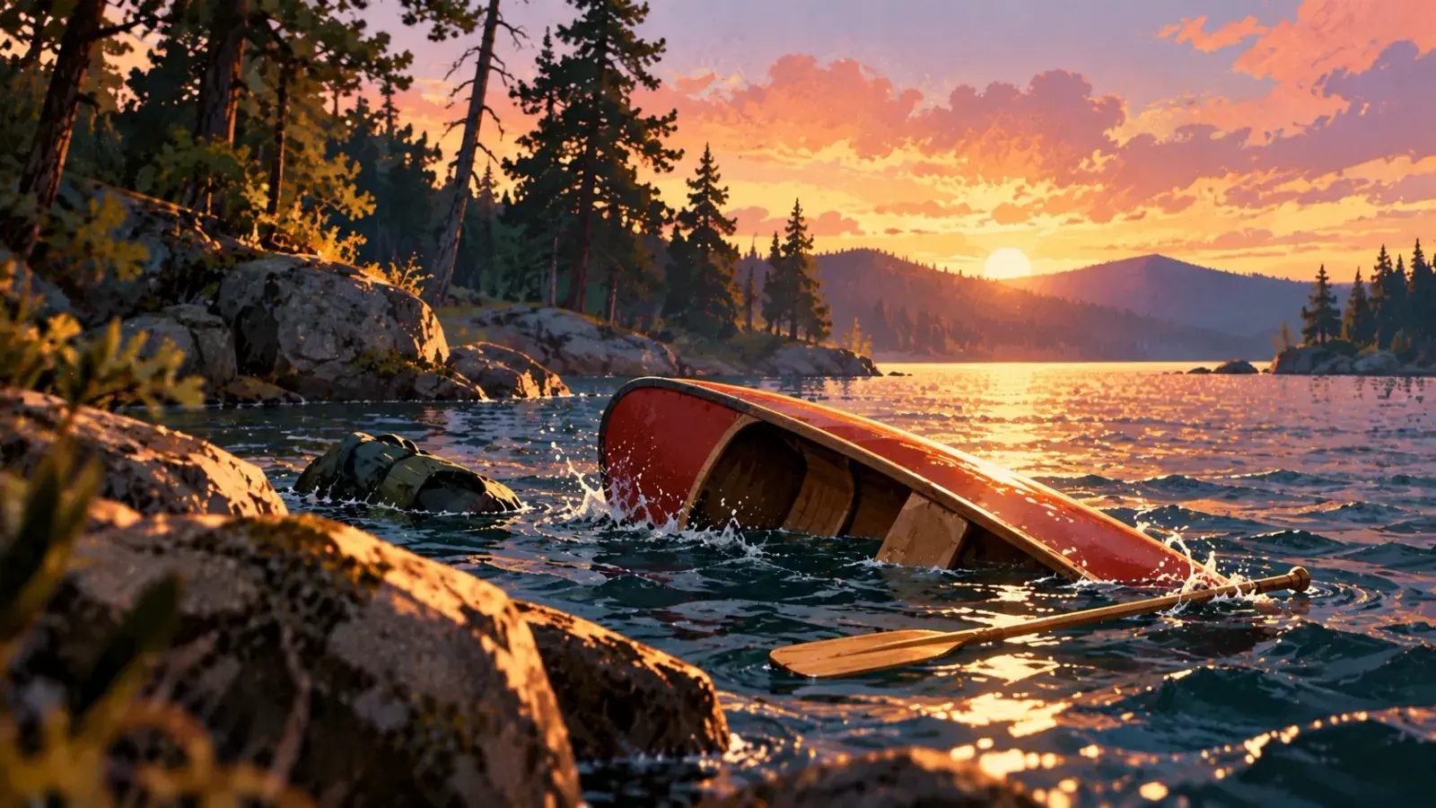 A red canoe capsized in a lake at sunset, water pouring off its hull and a paddle floating free beside it, a drifting pack among the rocks of a pine-covered shore and low hills against an orange sky.