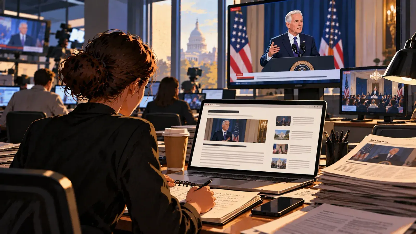 A reporter, seen from behind, takes notes at a newsroom desk while a press briefing plays on the wall screens and her laptop shows the story taking shape, a coffee cup, a phone and a stack of newspapers beside her and a domed capitol in the window.