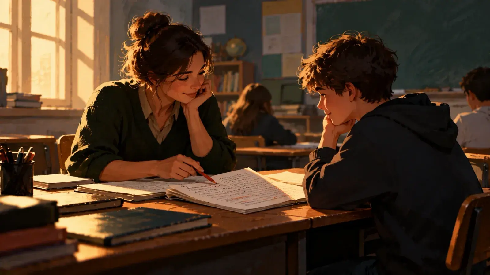 A teacher in a green jumper leans over a student's open notebook in a sunlit classroom, red pencil pointing to a line, both of them smiling with chin in hand, while classmates work at desks behind them.
