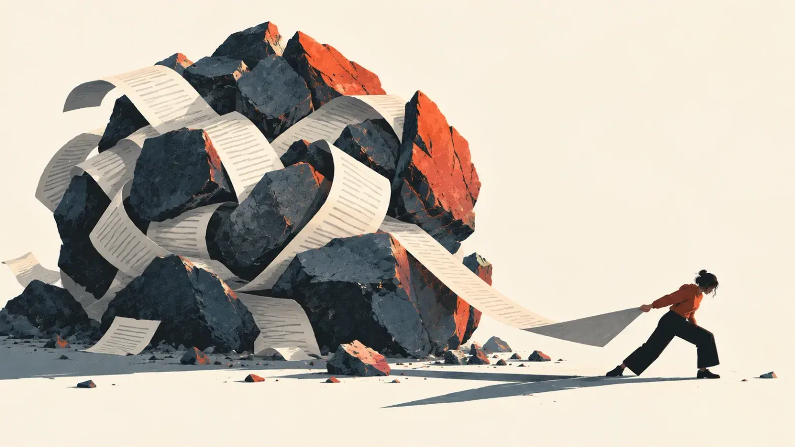 A writer leaning back to haul on a long strip of printed manuscript wound through a heap of dark grey and red boulders, the paper paying out slowly across a pale floor.