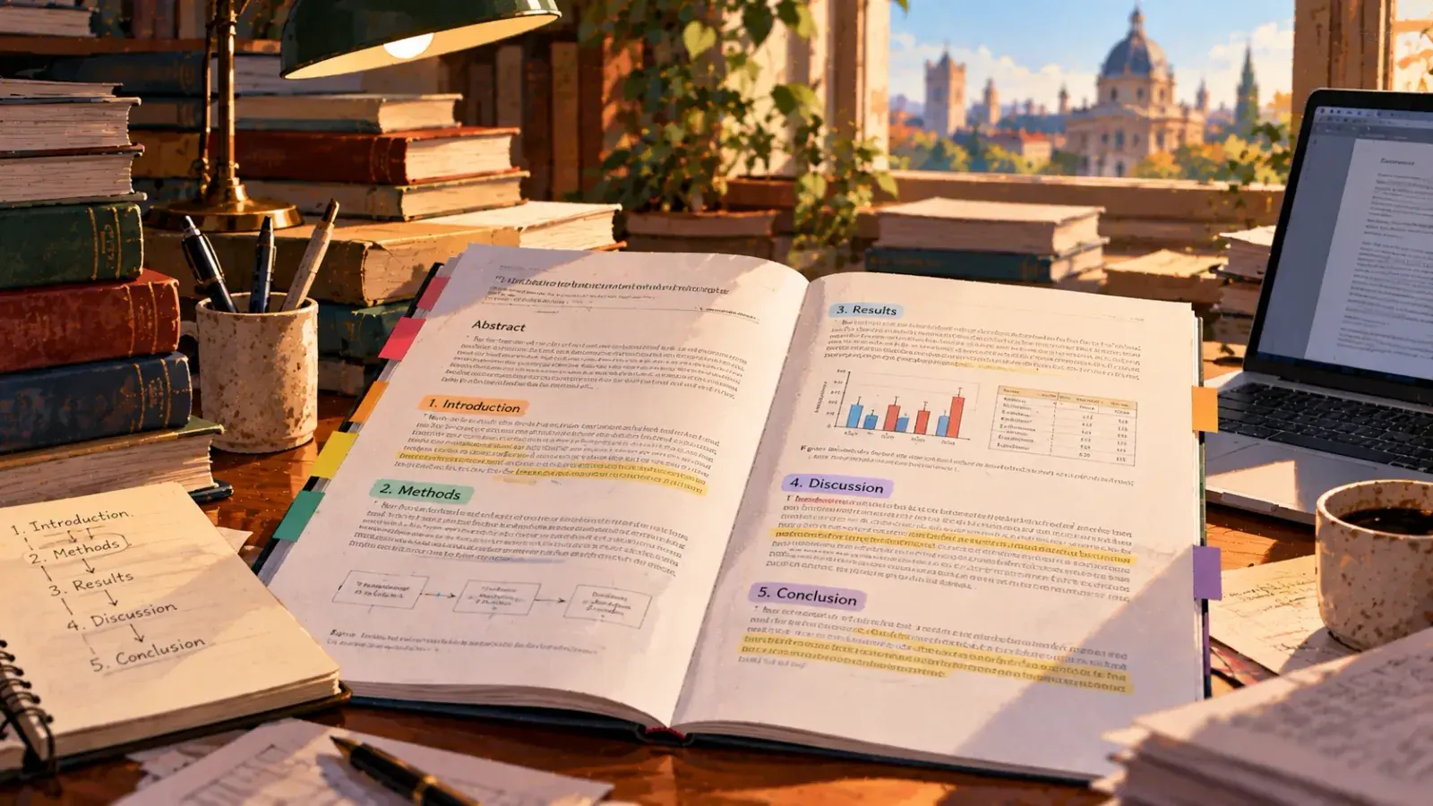 A research paper open on a sunlit desk, its sections marked with coloured tabs and headed Abstract, Introduction, Methods, Results, Discussion and Conclusion, with a bar chart and a flow diagram in the text and a spiral notebook listing the same sections in order.
