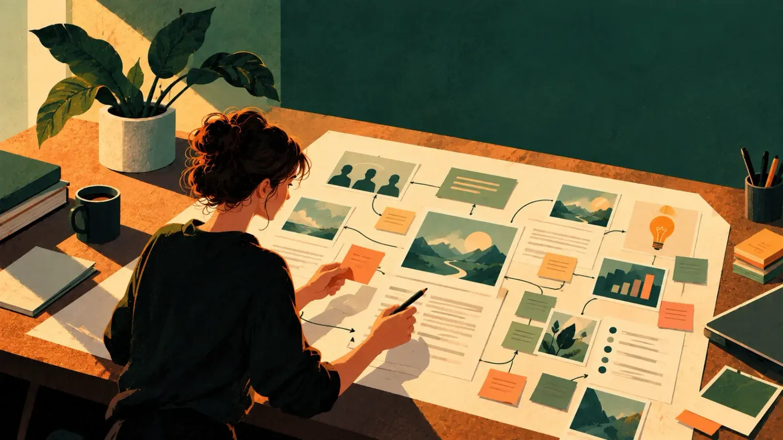 A writer at a desk, seen from above and behind, laying out a large planning sheet of picture cards, sticky notes and blocks of text joined by arrows, a pen in one hand and an orange note in the other.