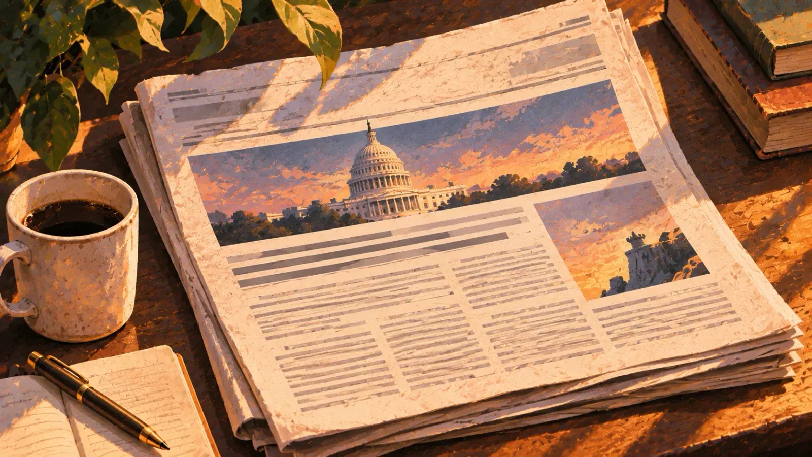 A folded newspaper on a sunlit wooden desk, its page carrying a wide picture of a domed capitol at sunset above columns of text and a second small picture, with a mug of coffee, a notebook and pen and stacked books beside it.