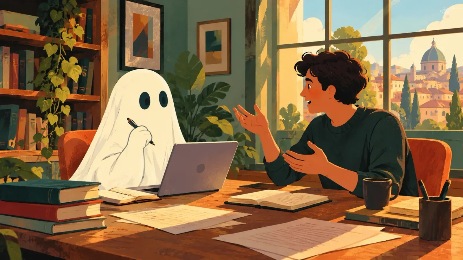 A sheet ghost with a pen in hand sits at a laptop across the desk from a young man in a green jumper who talks with both hands, pages and open notebooks between them and a domed hill town in the window.